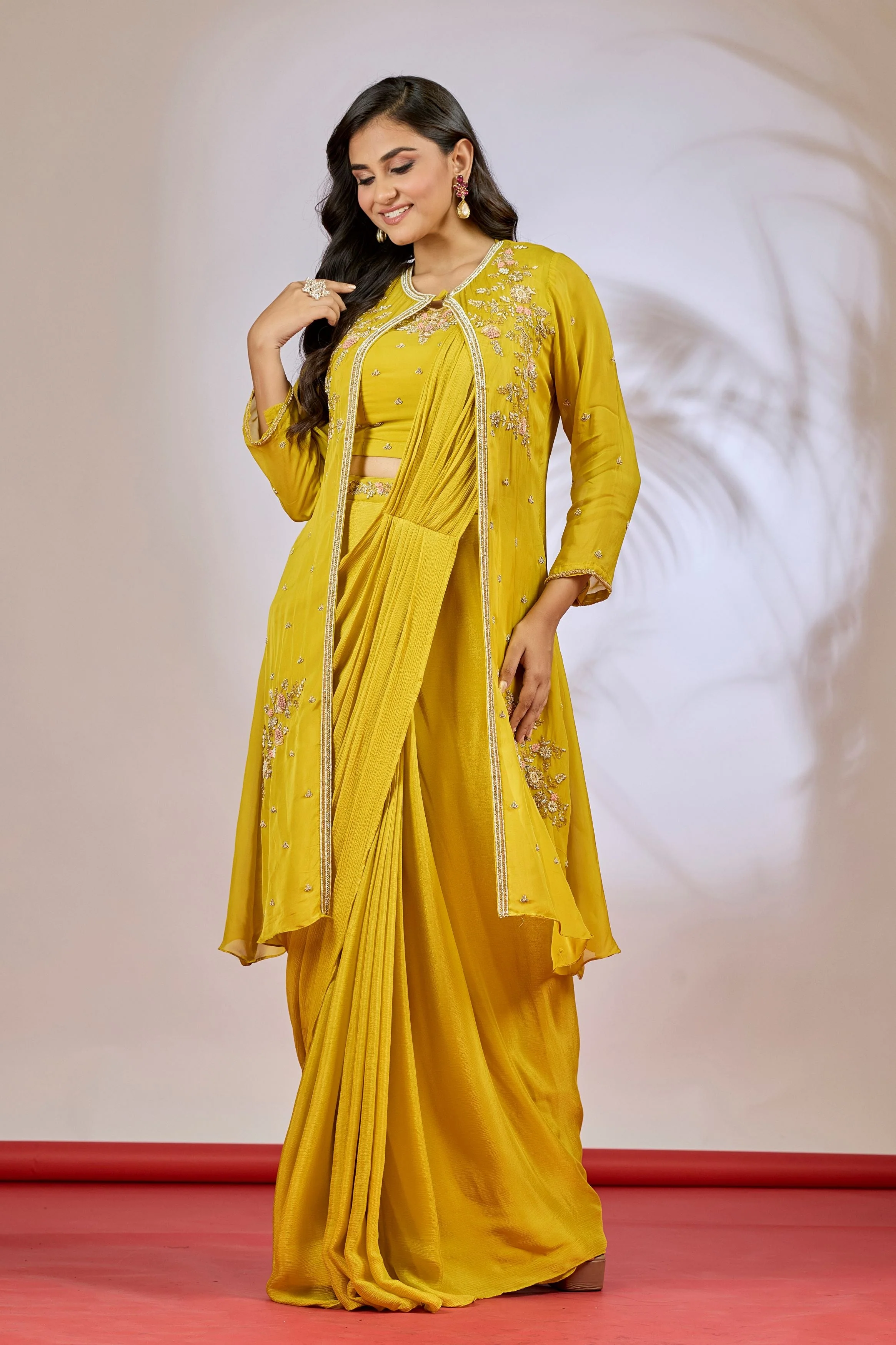 Mustard Yellow Embellished Chinon Silk Saree - Image 4
