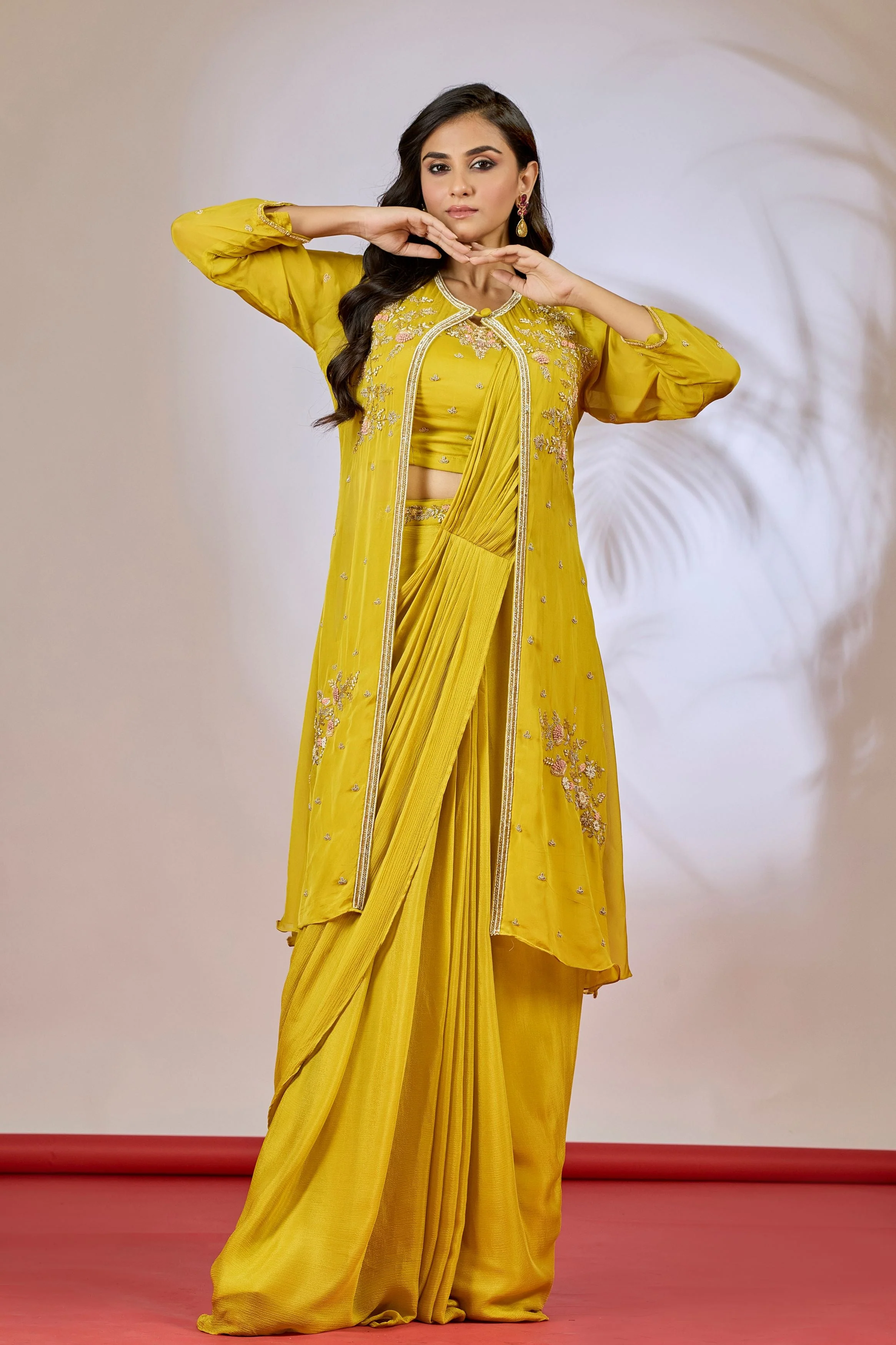 Mustard Yellow Embellished Chinon Silk Saree - Image 5