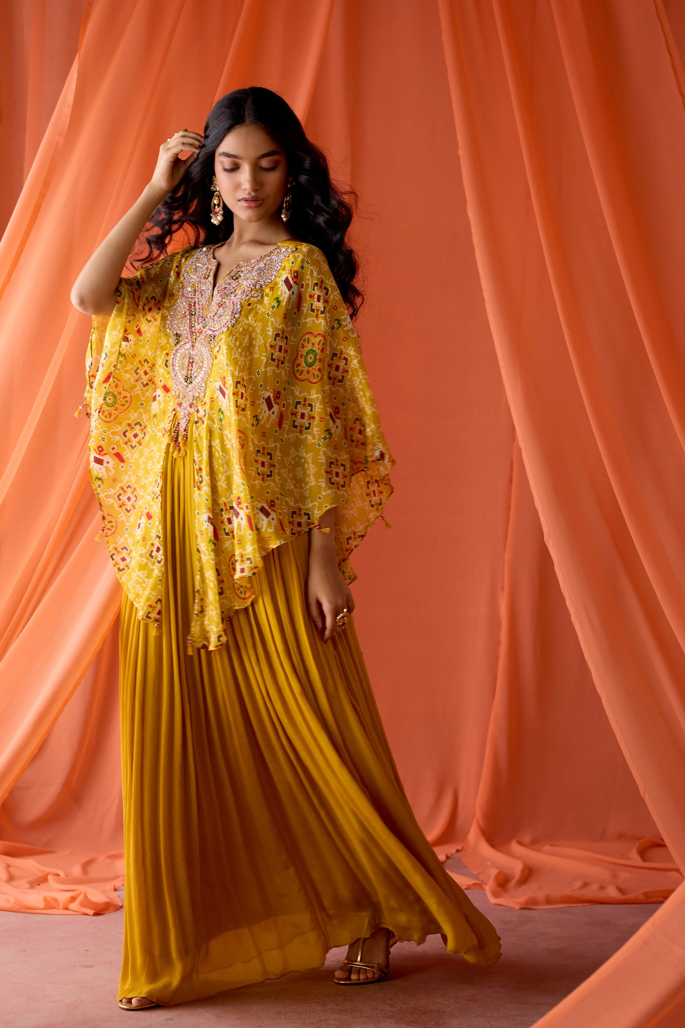Mustard Yellow Embellished Chinon Silk Gown - Image 4