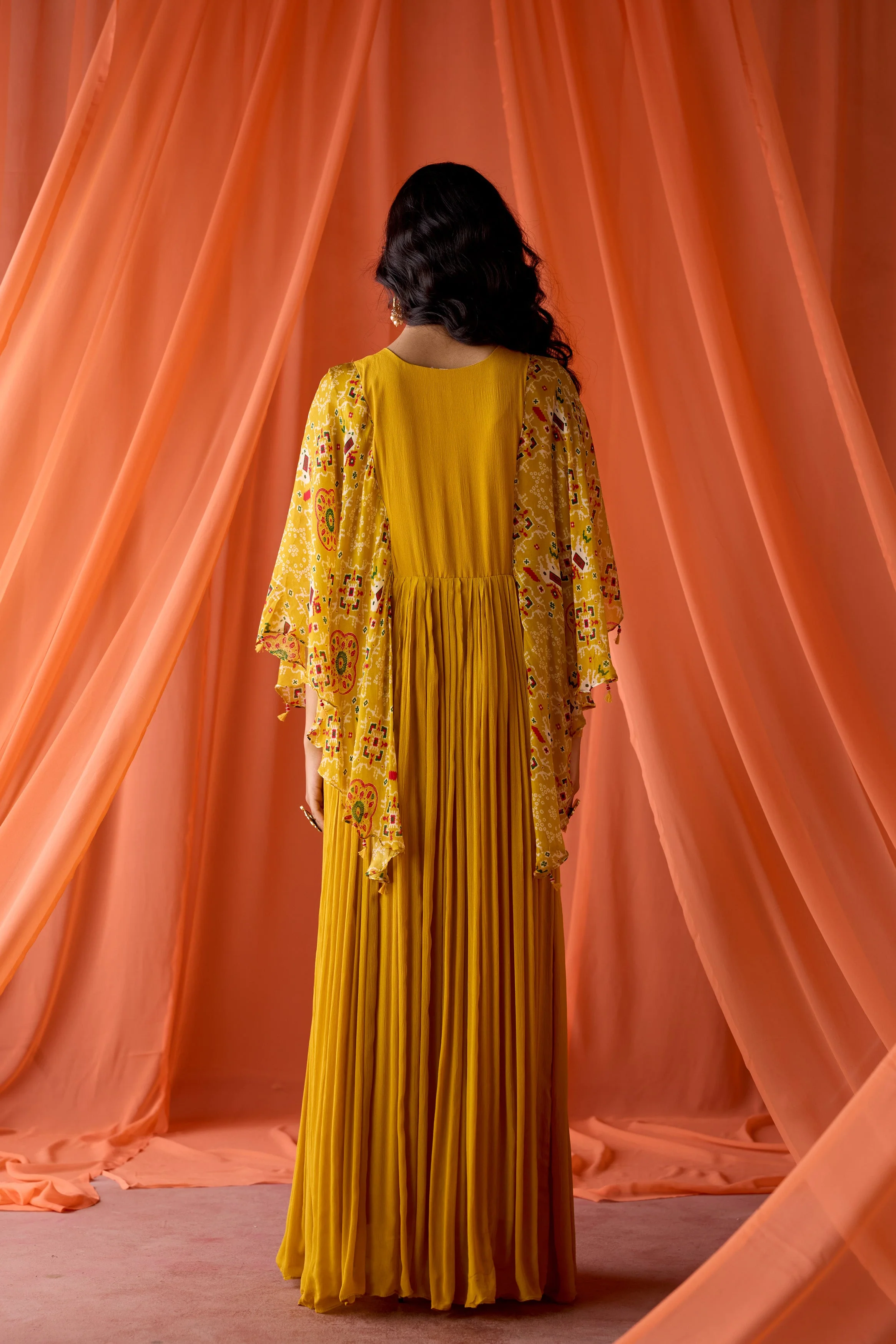 Mustard Yellow Embellished Chinon Silk Gown - Image 6