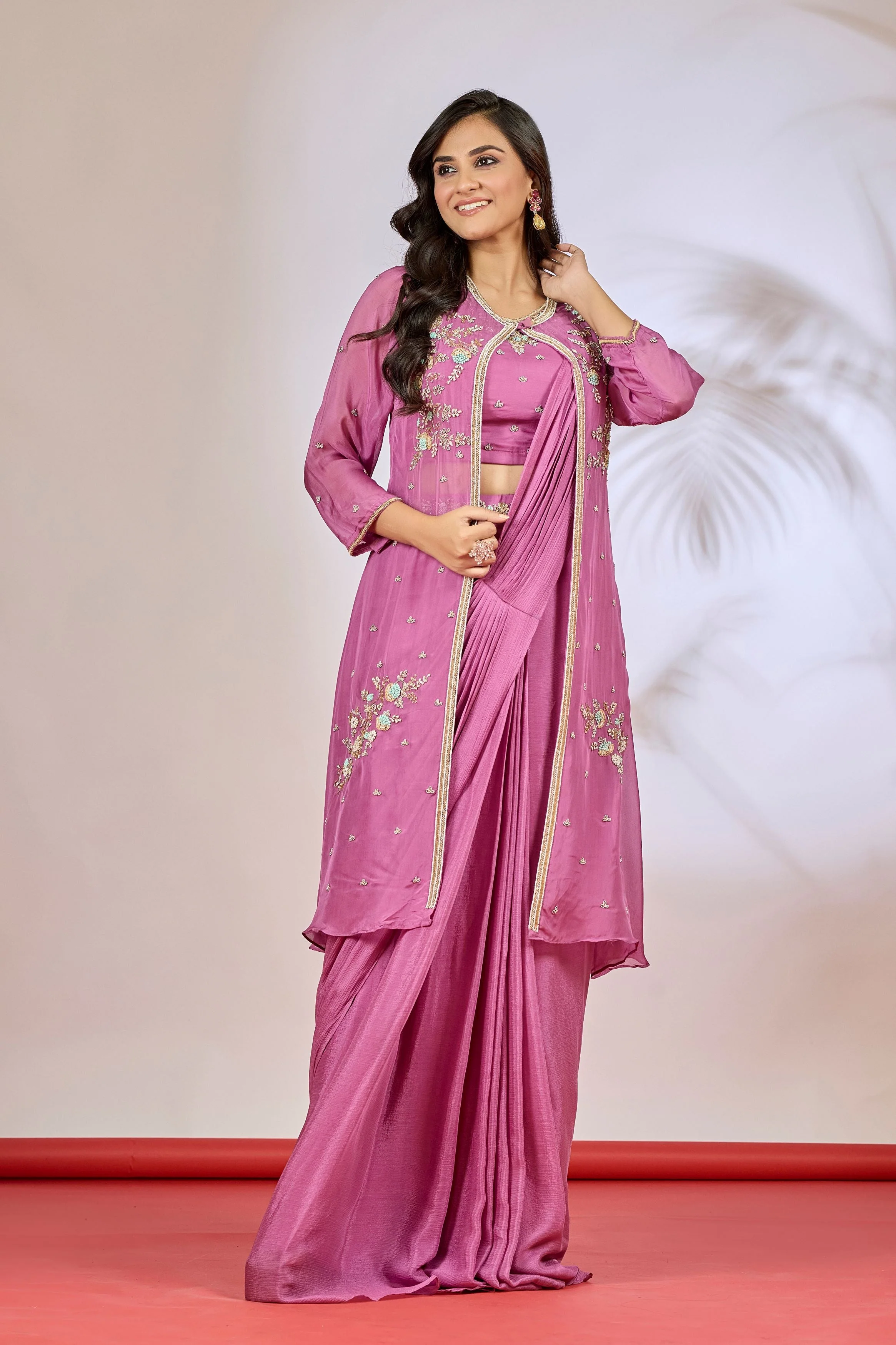 Purple Embellished Chinon Silk Saree - Image 3