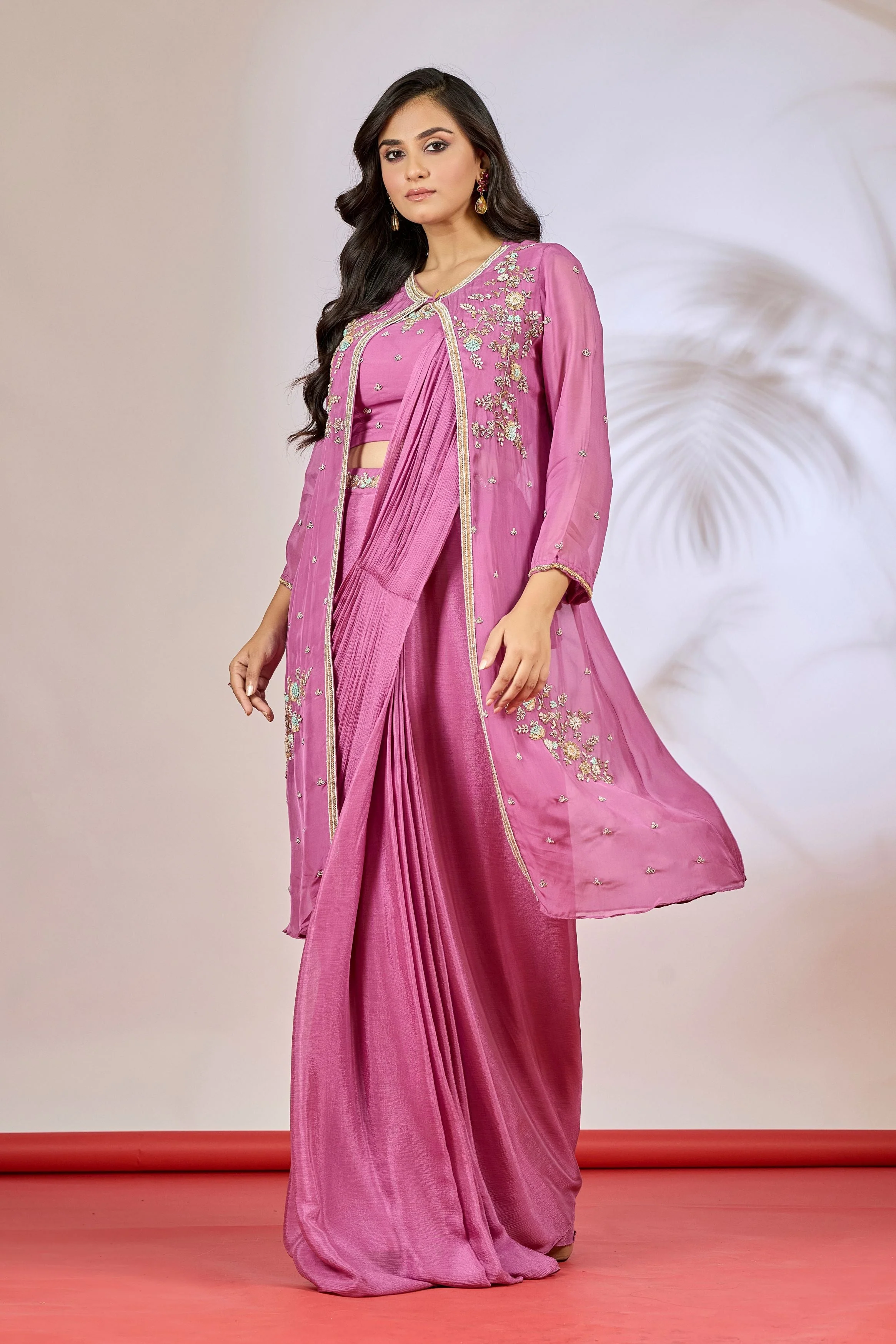 Purple Embellished Chinon Silk Saree - Image 4