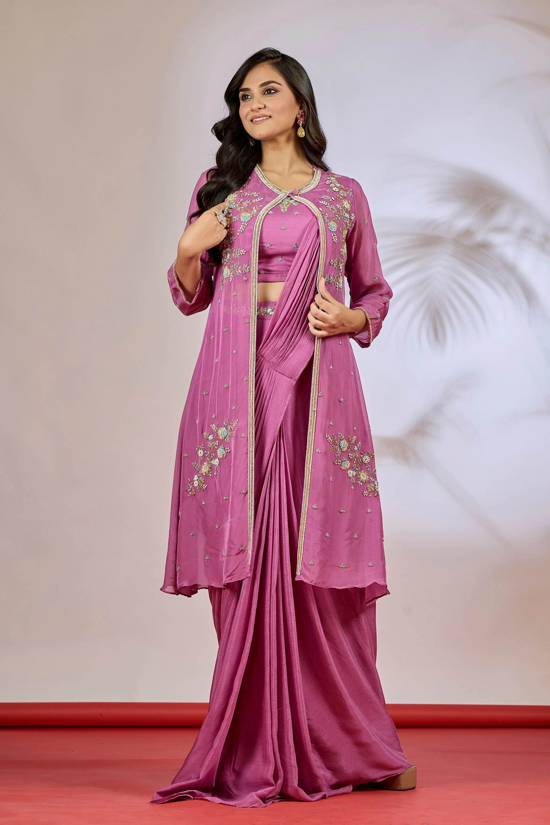 Purple Embellished Chinon Silk Saree - Image 5