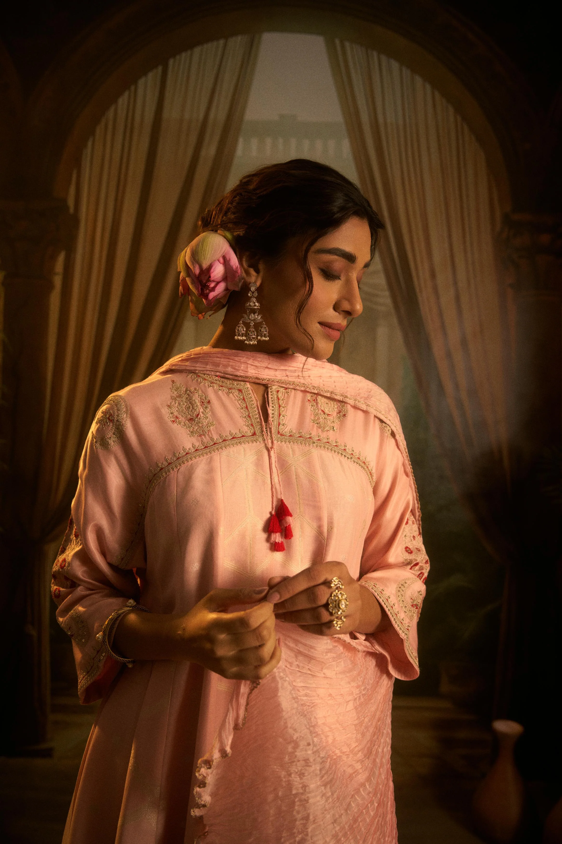 Blush Pink Embellished Cotton Linen Anarkali Set - Image 3