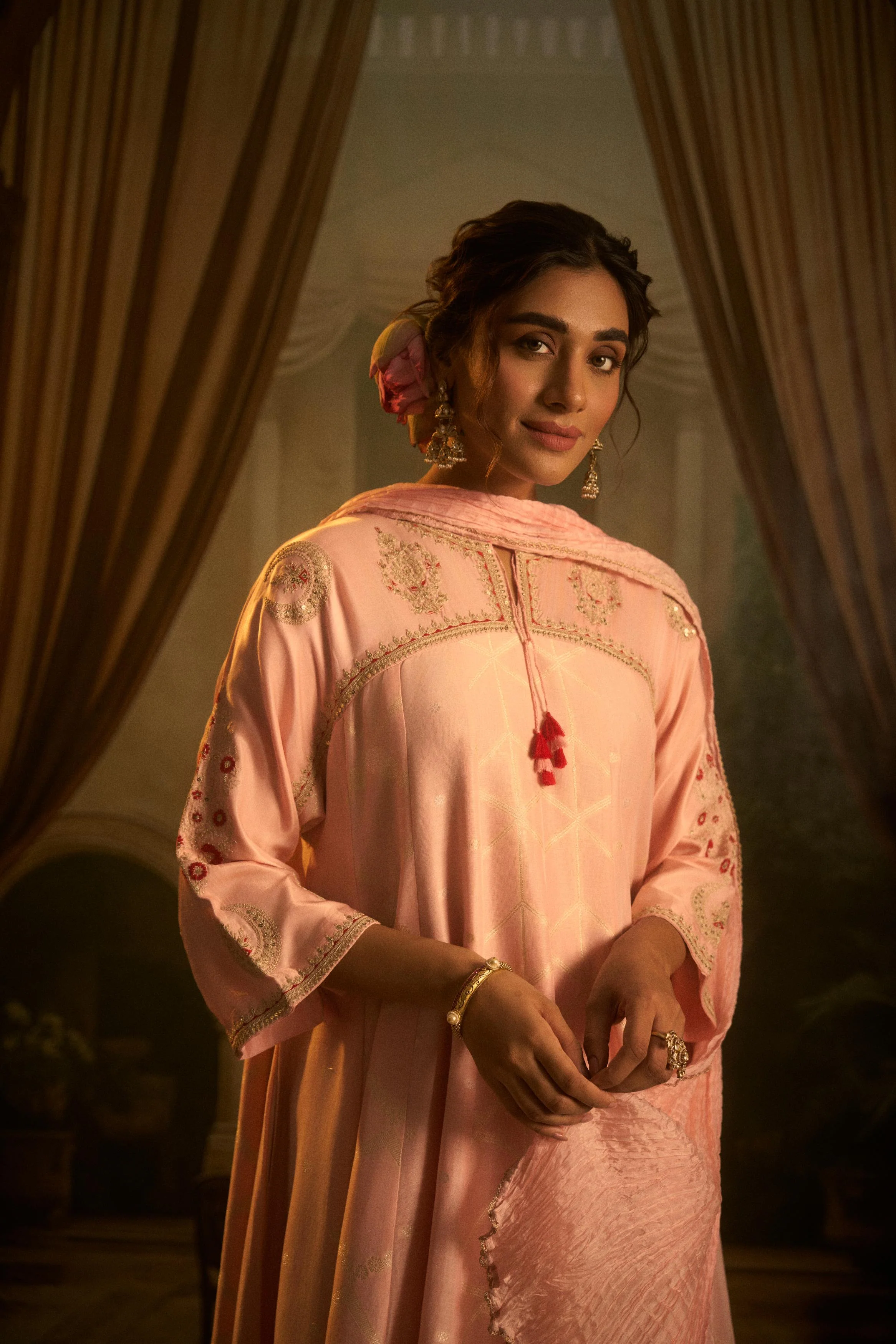 Blush Pink Embellished Cotton Linen Anarkali Set - Image 4
