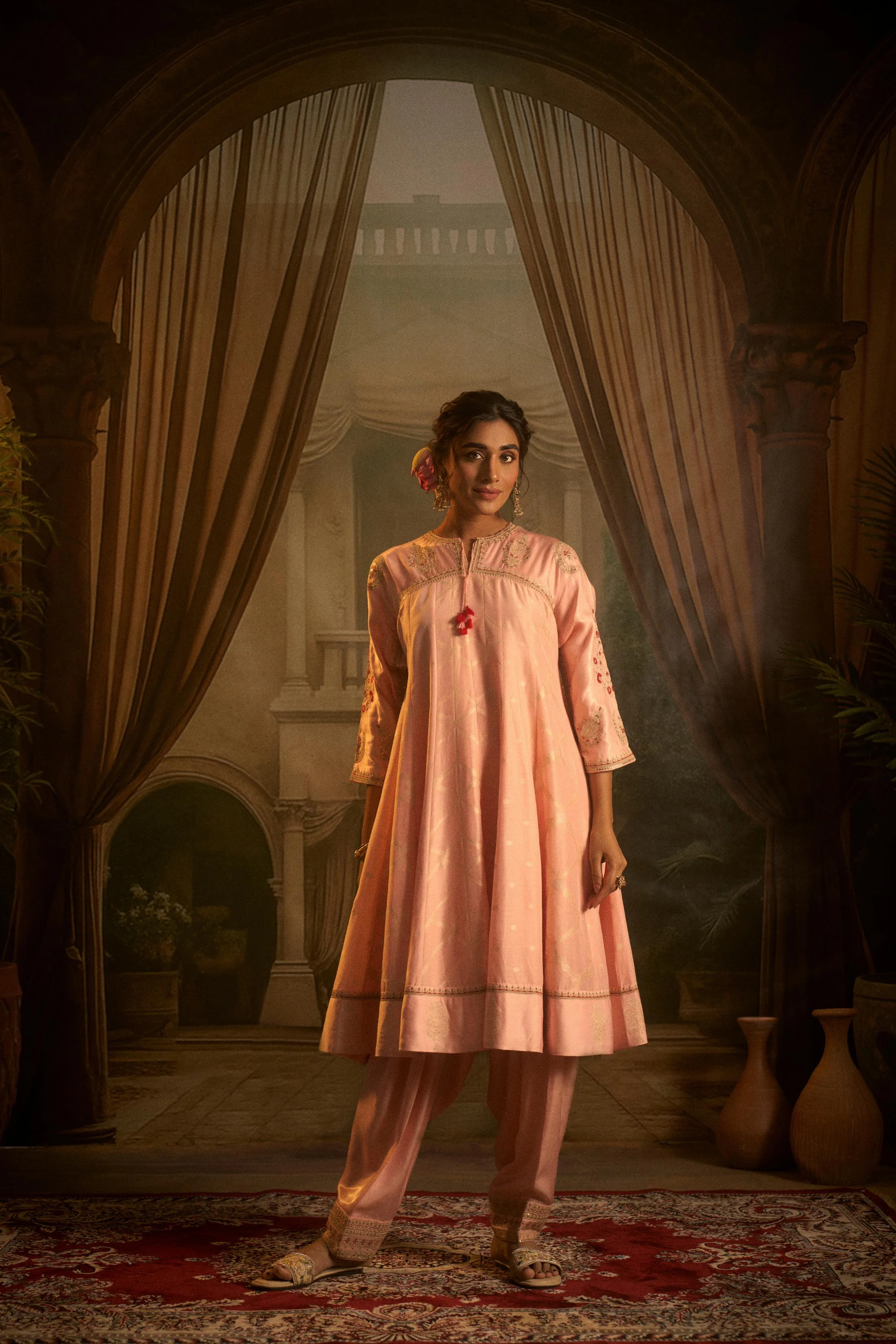 Blush Pink Embellished Cotton Linen Anarkali Set - Image 5