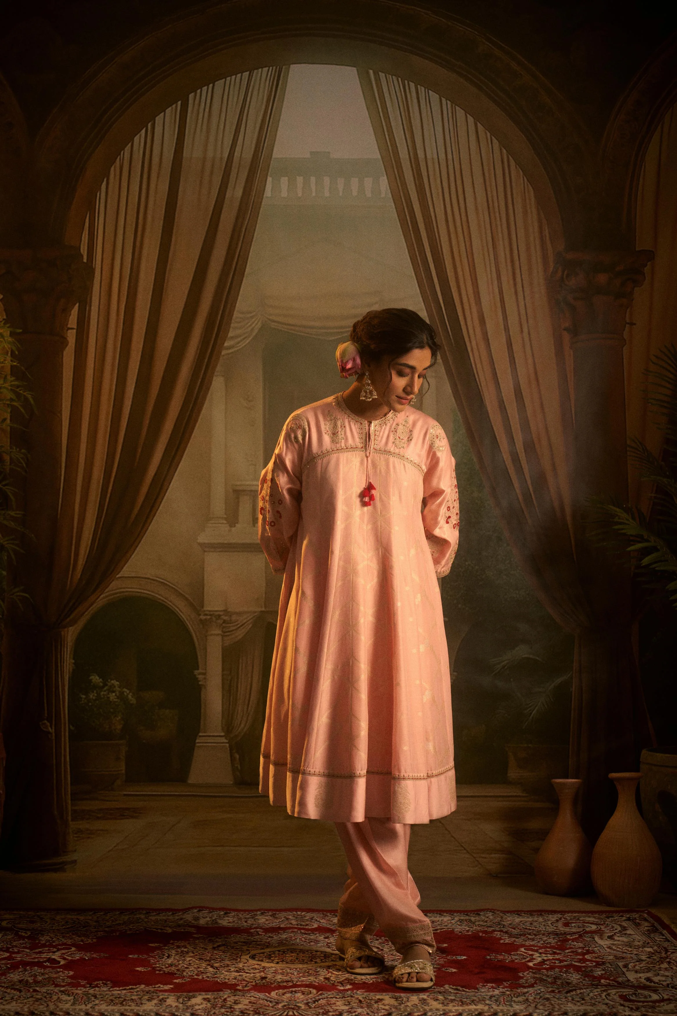 Blush Pink Embellished Cotton Linen Anarkali Set - Image 6