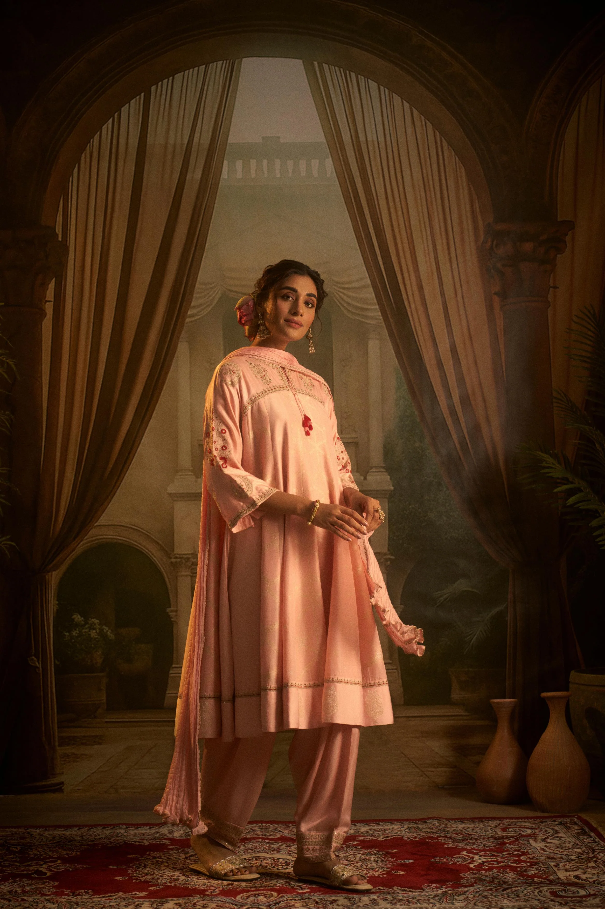Blush Pink Embellished Cotton Linen Anarkali Set - Image 7