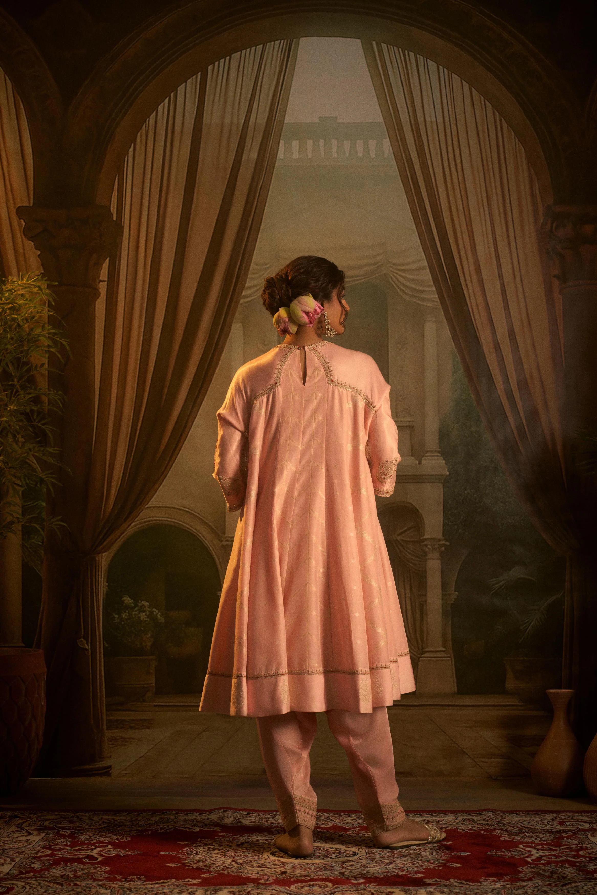 Blush Pink Embellished Cotton Linen Anarkali Set - Image 8