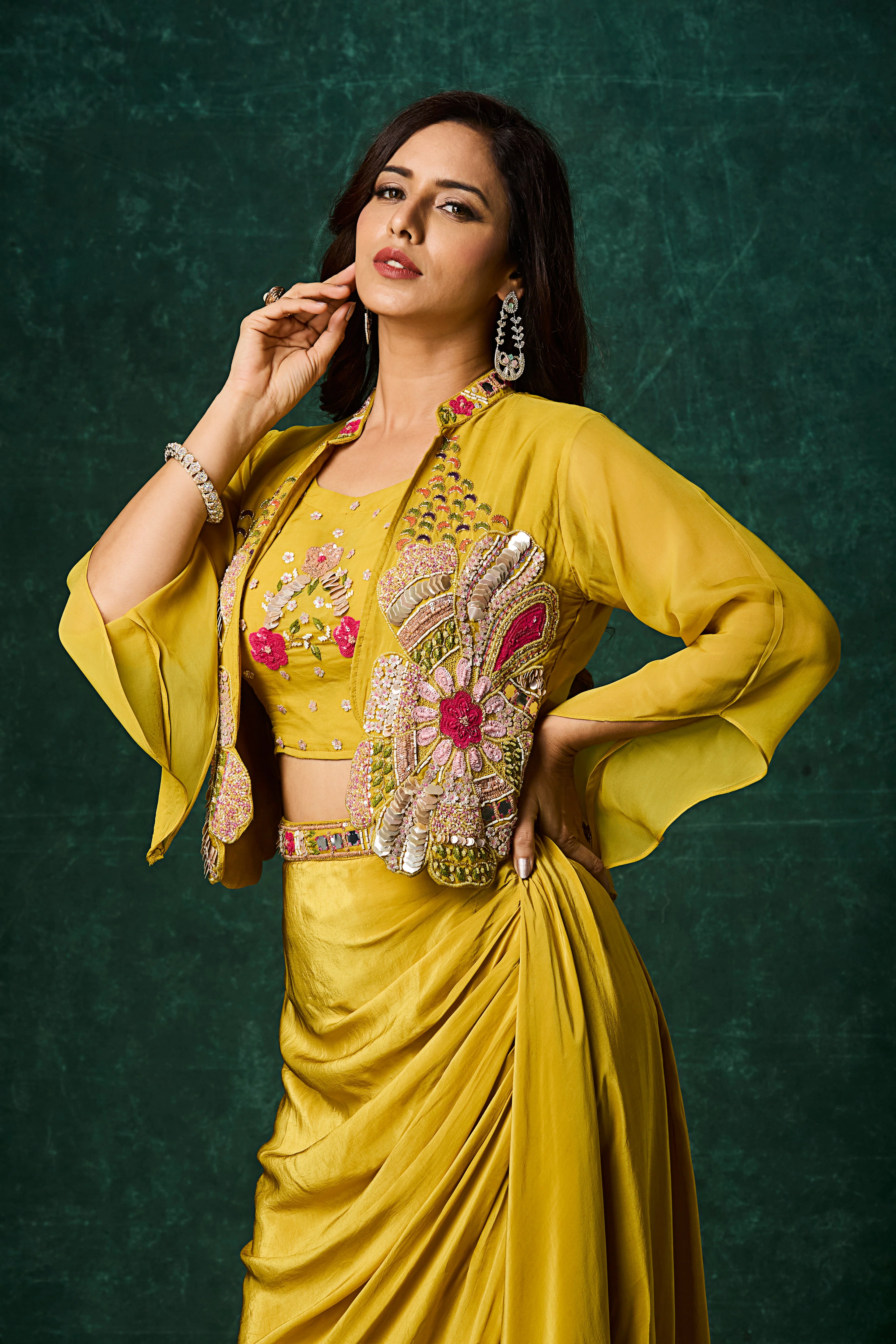 Mustard Yellow Embellished Crepe Silk Skirt Set - Image 2