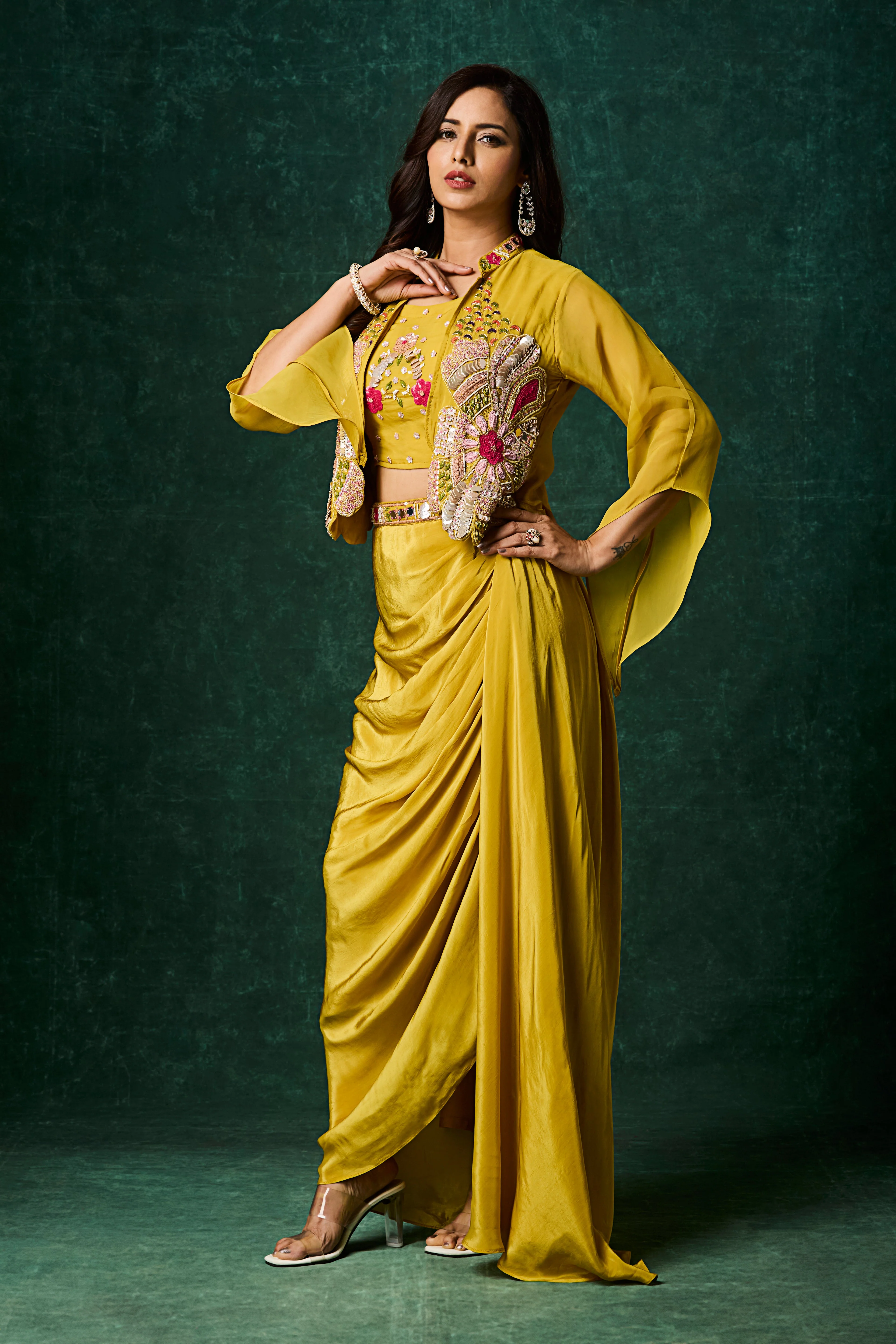 Mustard Yellow Embellished Crepe Silk Skirt Set - Image 3