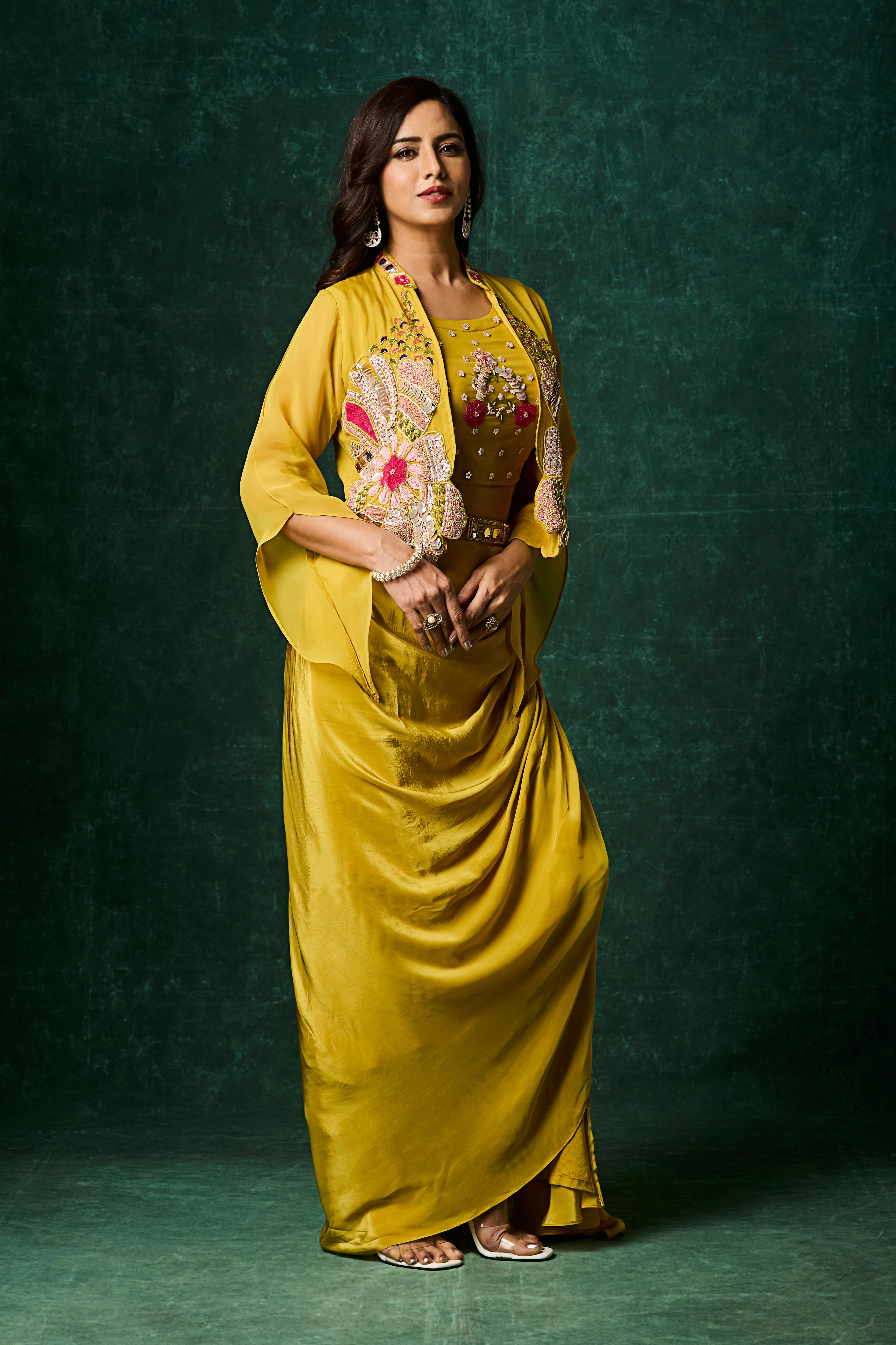 Mustard Yellow Embellished Crepe Silk Skirt Set - Image 4