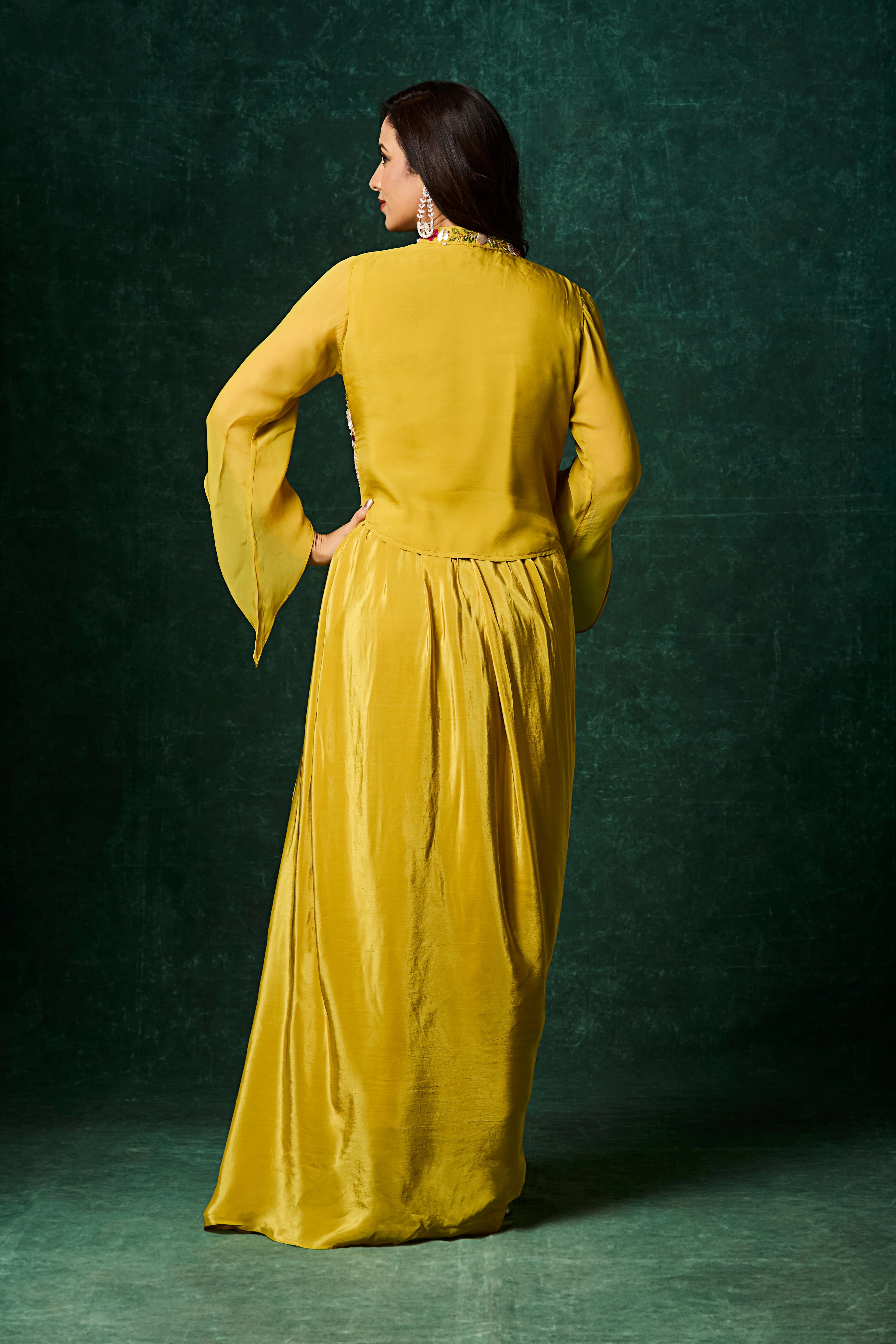 Mustard Yellow Embellished Crepe Silk Skirt Set - Image 5