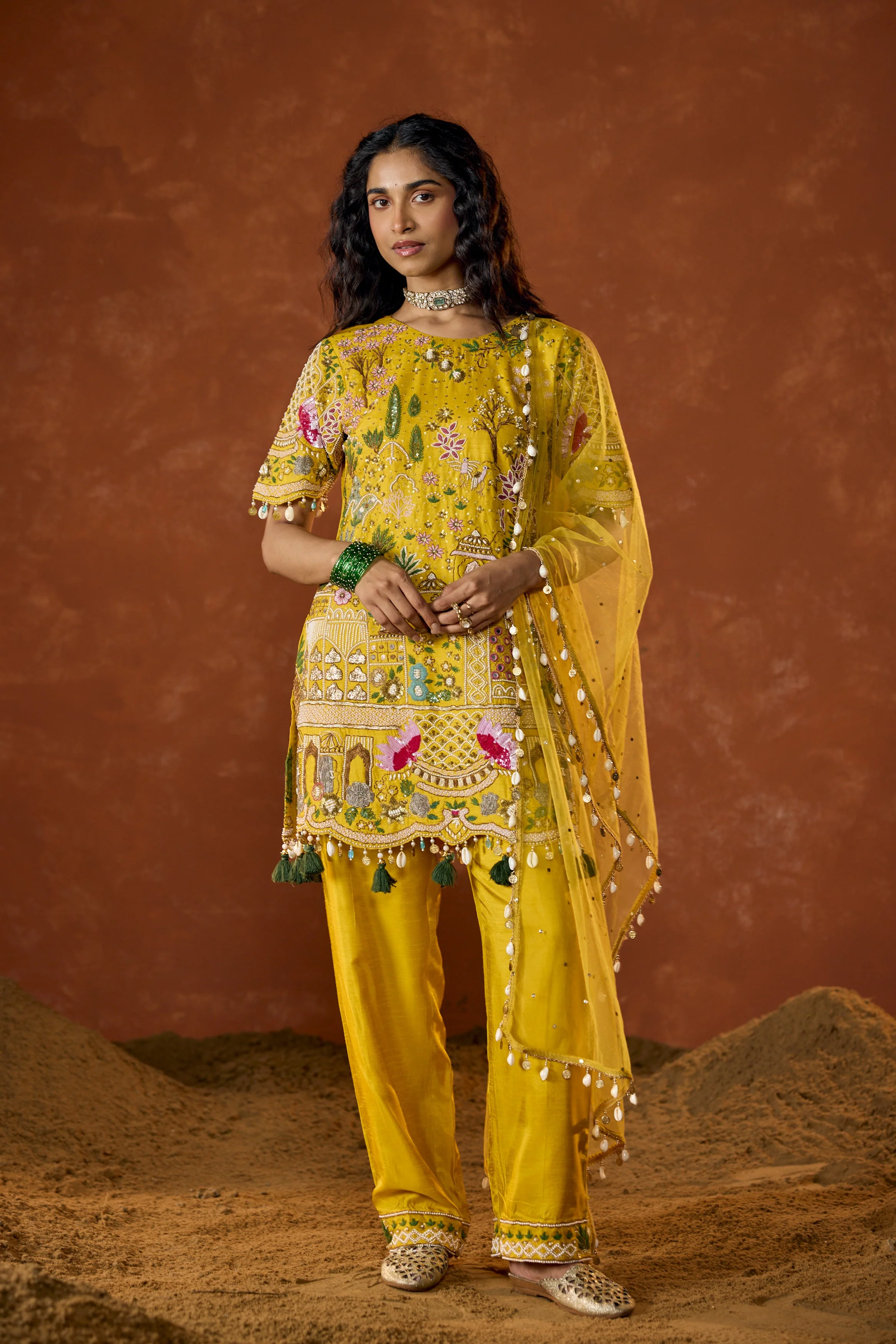 Marigold Yellow Embellished Premium Raw Silk Pant Set - Image 4