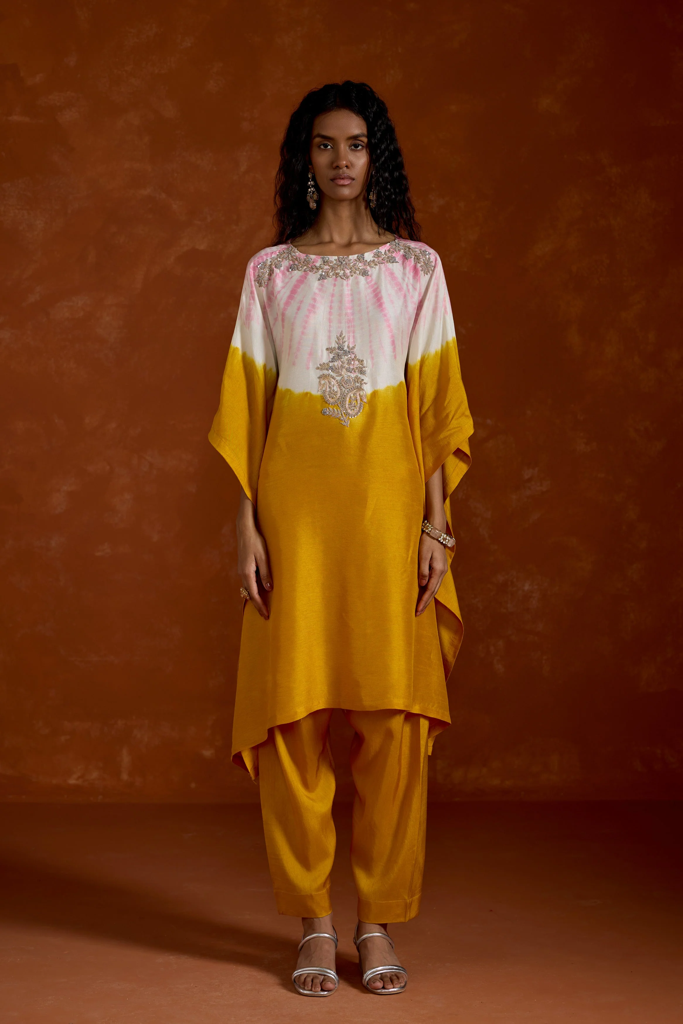 Mustard Yellow Embellished Premium Silk Kaftan Set