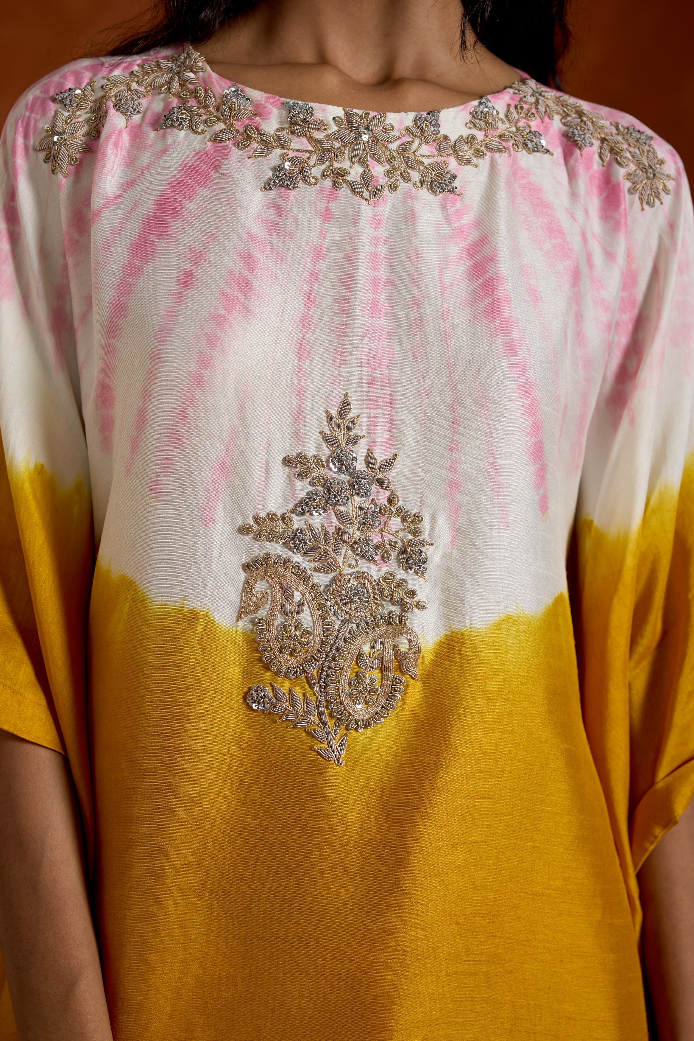 Mustard Yellow Embellished Premium Silk Kaftan Set - Image 2