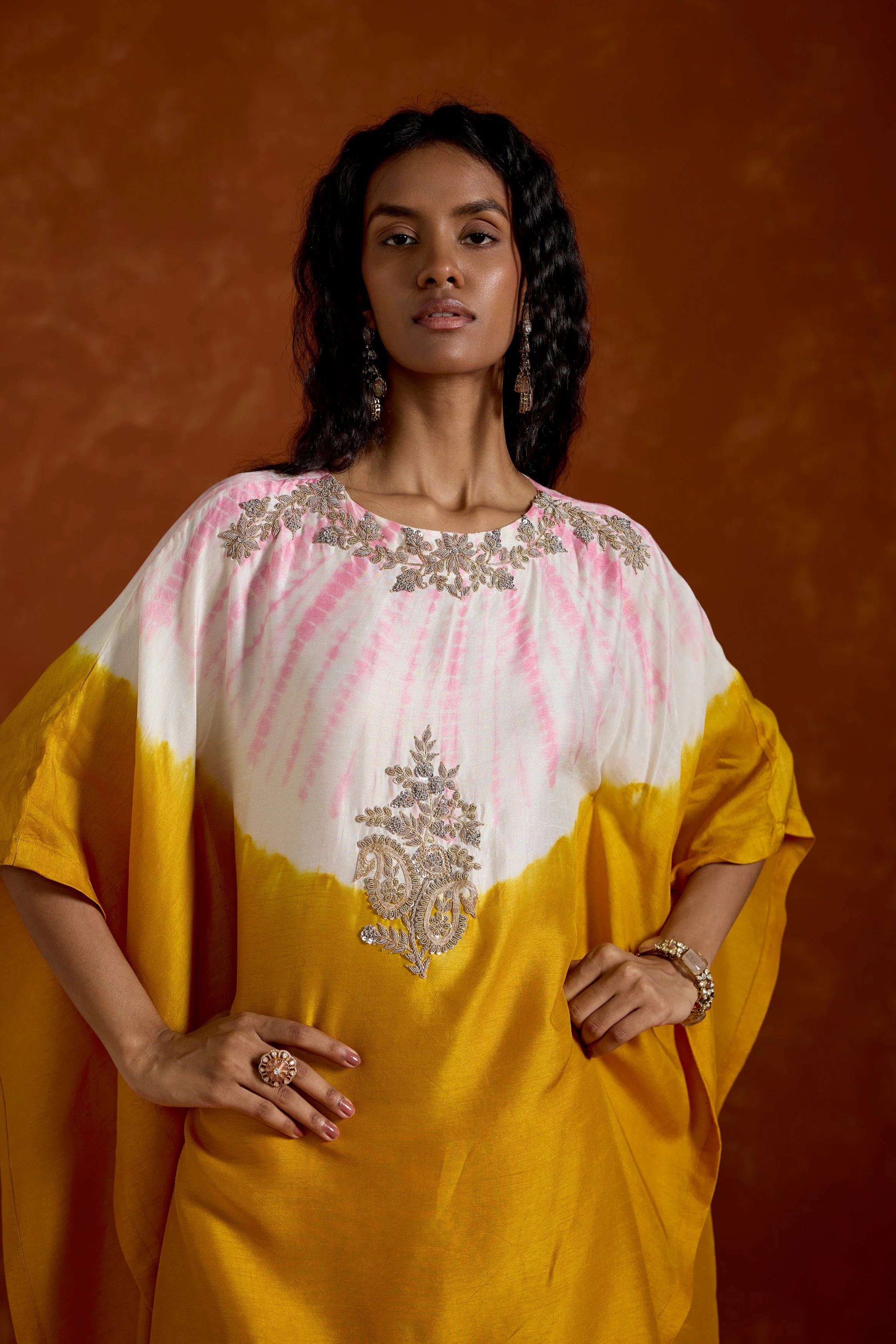 Mustard Yellow Embellished Premium Silk Kaftan Set - Image 3