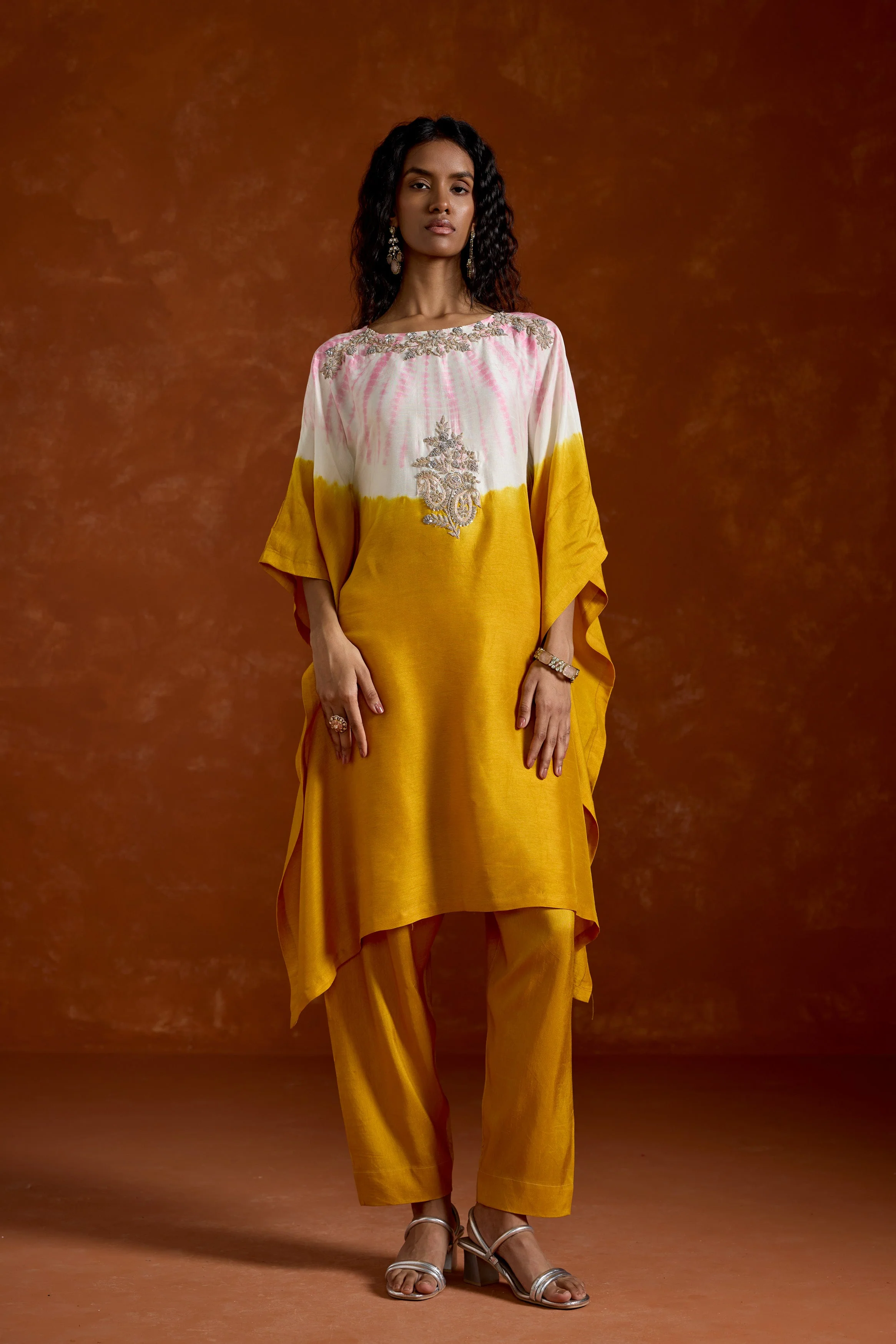 Mustard Yellow Embellished Premium Silk Kaftan Set - Image 4