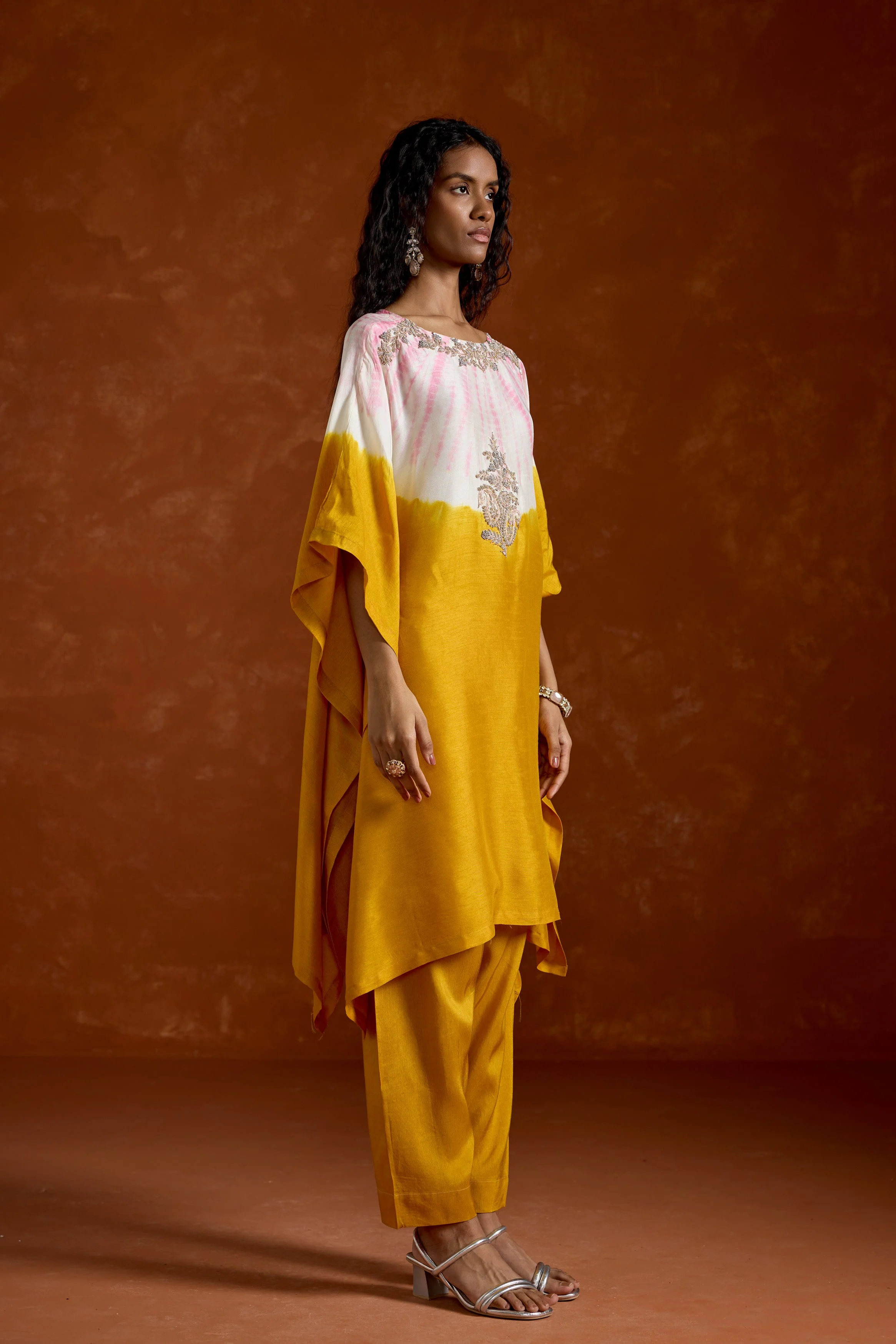 Mustard Yellow Embellished Premium Silk Kaftan Set - Image 5