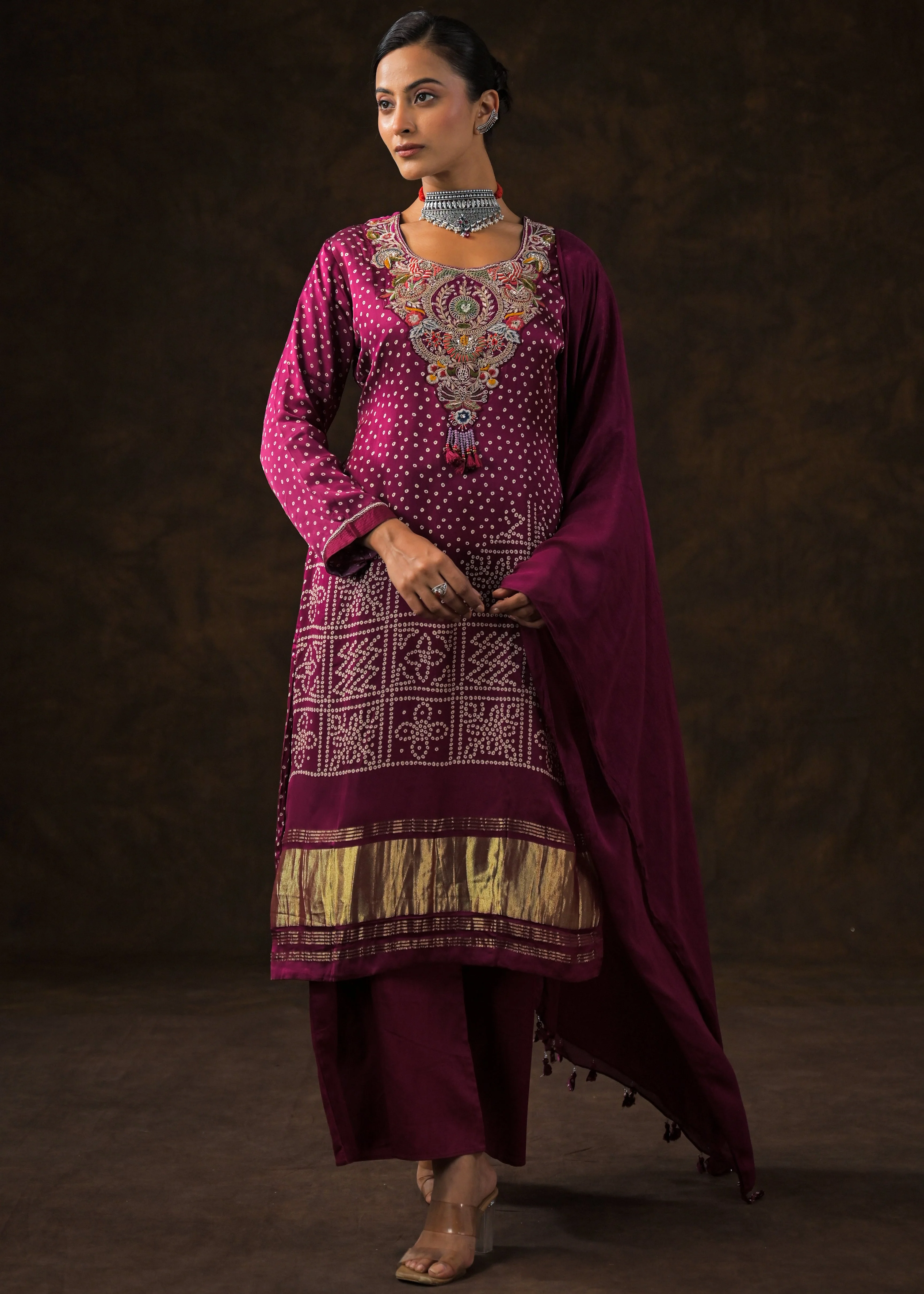 Magenta Pink Embellished Satin Silk Palazzo Set