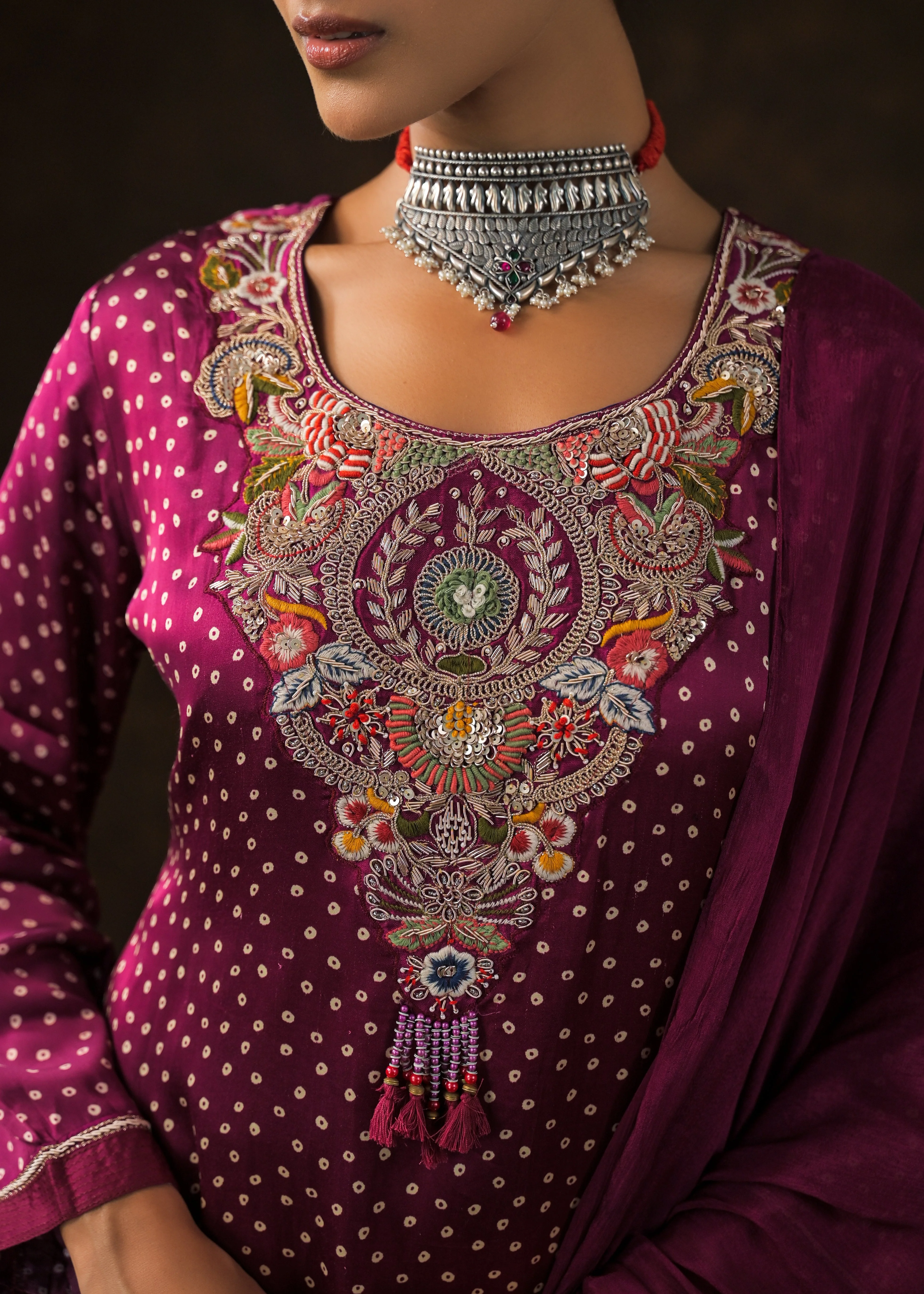 Magenta Pink Embellished Satin Silk Palazzo Set - Image 2