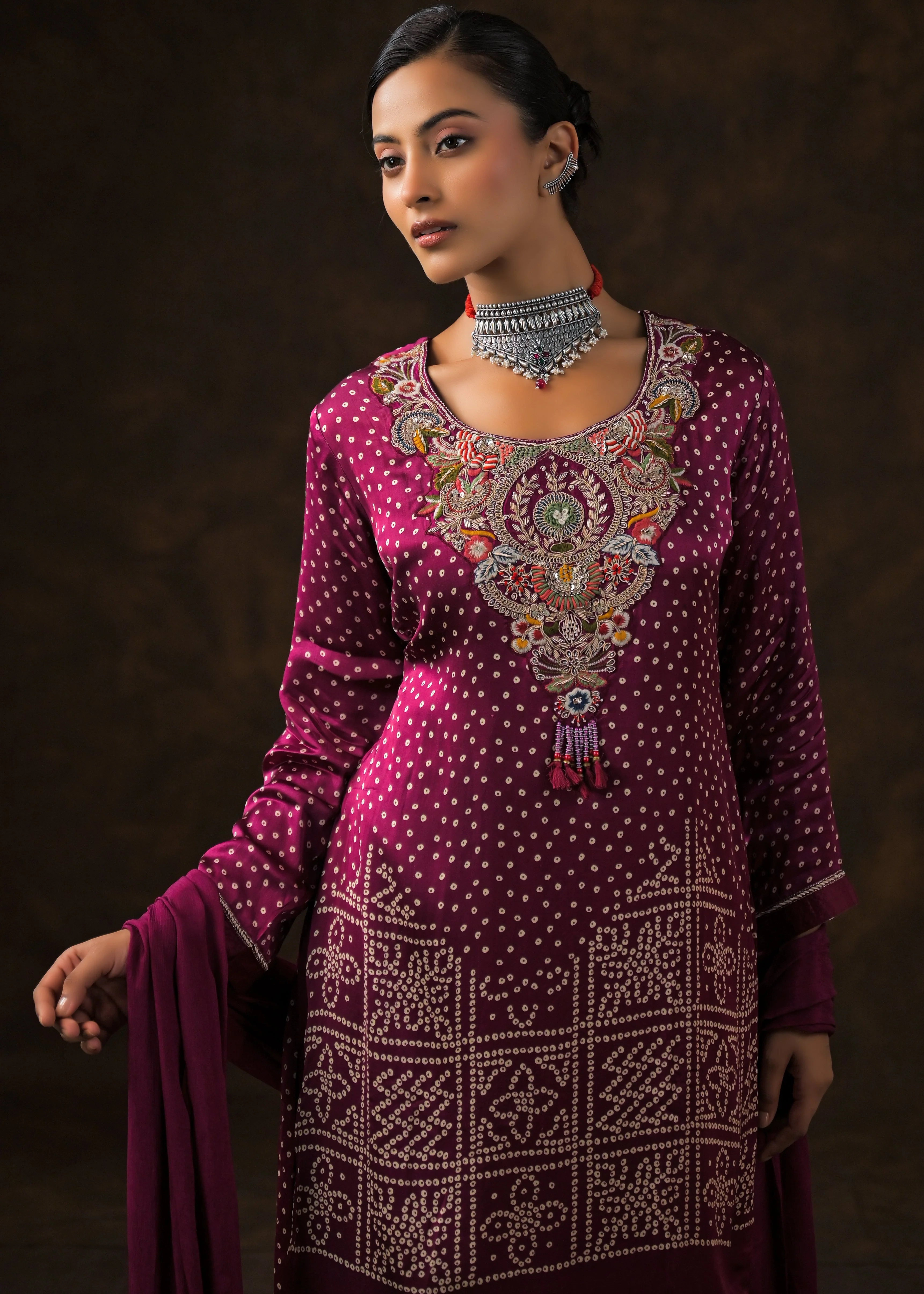 Magenta Pink Embellished Satin Silk Palazzo Set - Image 3