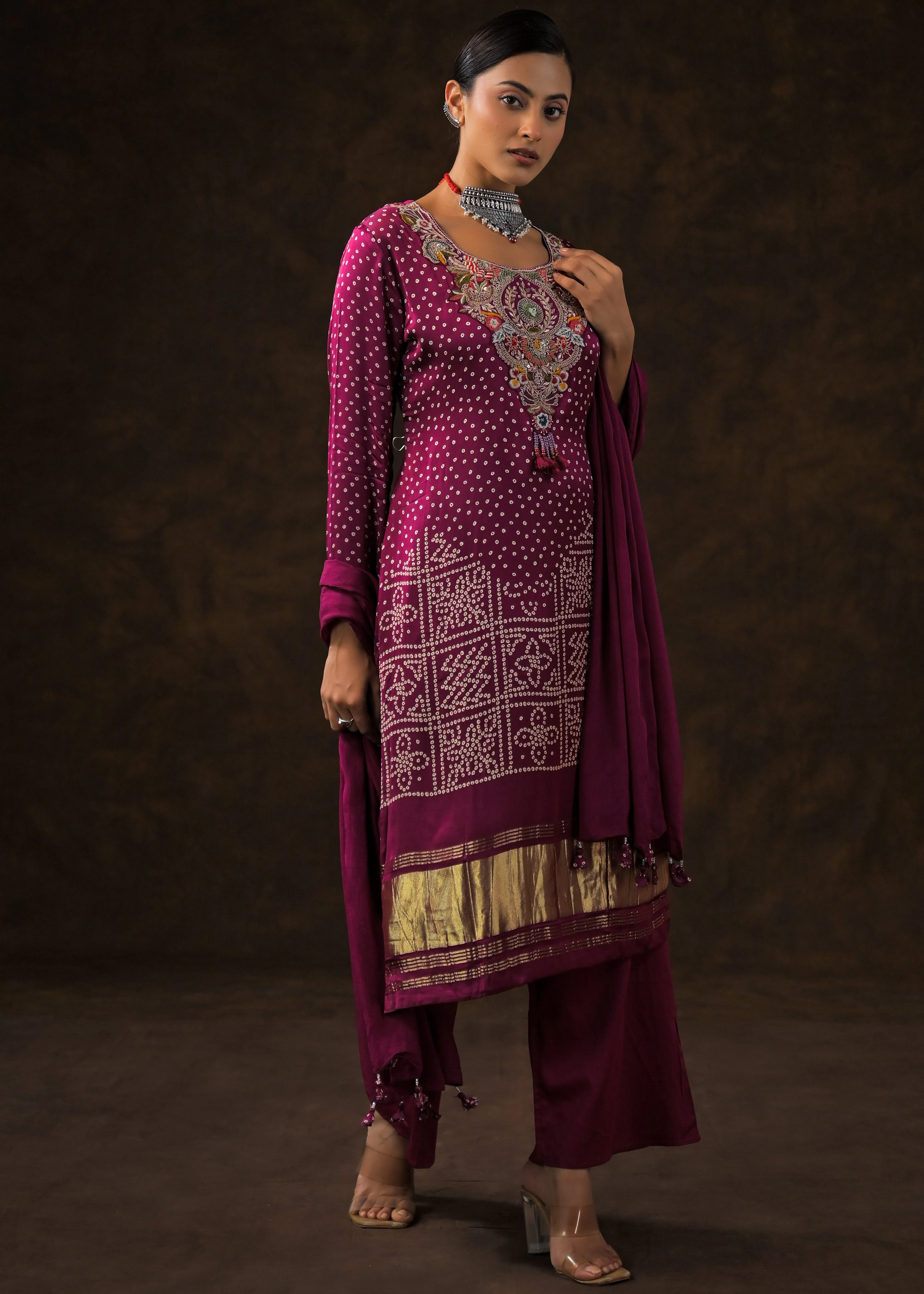Magenta Pink Embellished Satin Silk Palazzo Set - Image 4