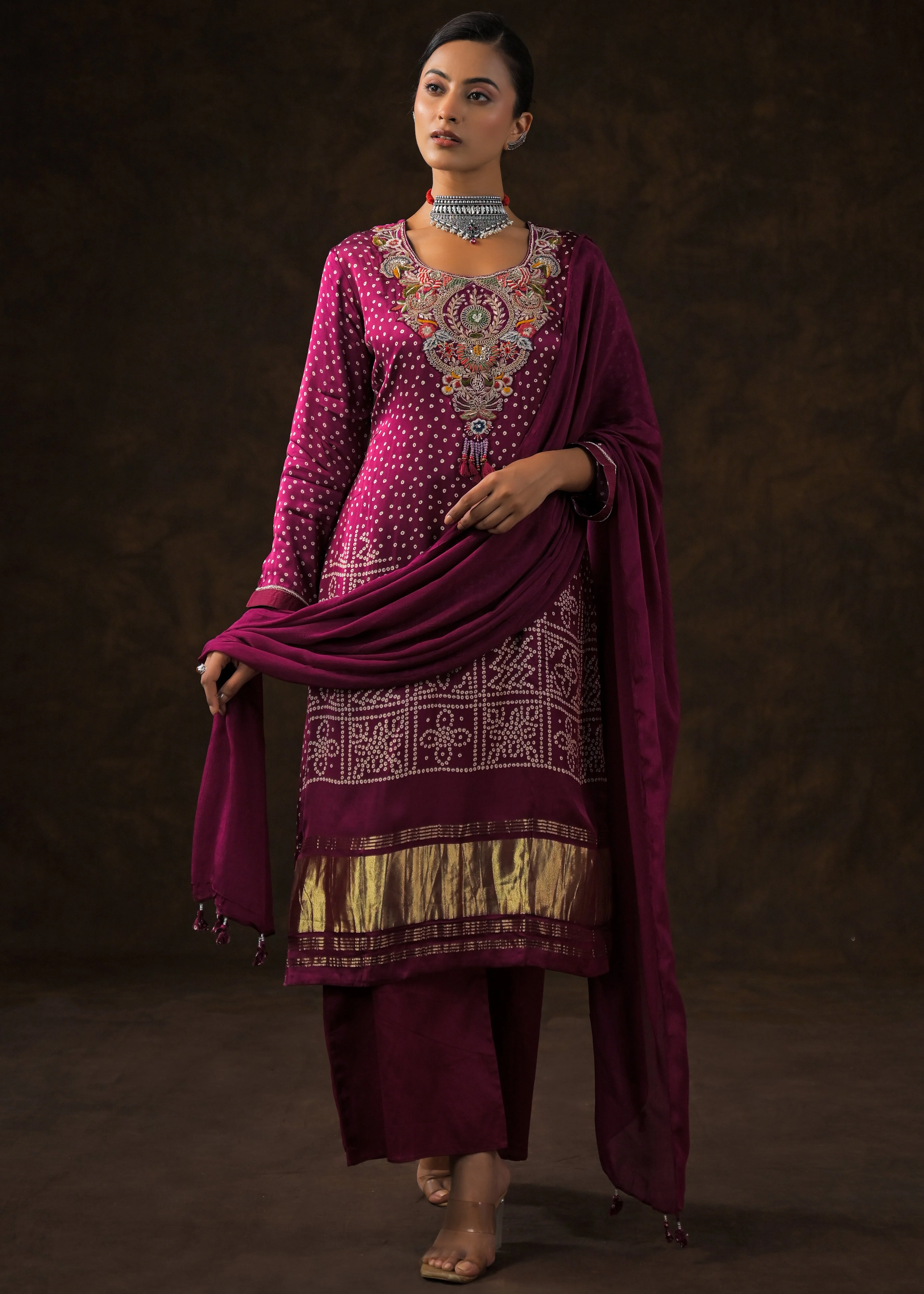 Magenta Pink Embellished Satin Silk Palazzo Set - Image 5