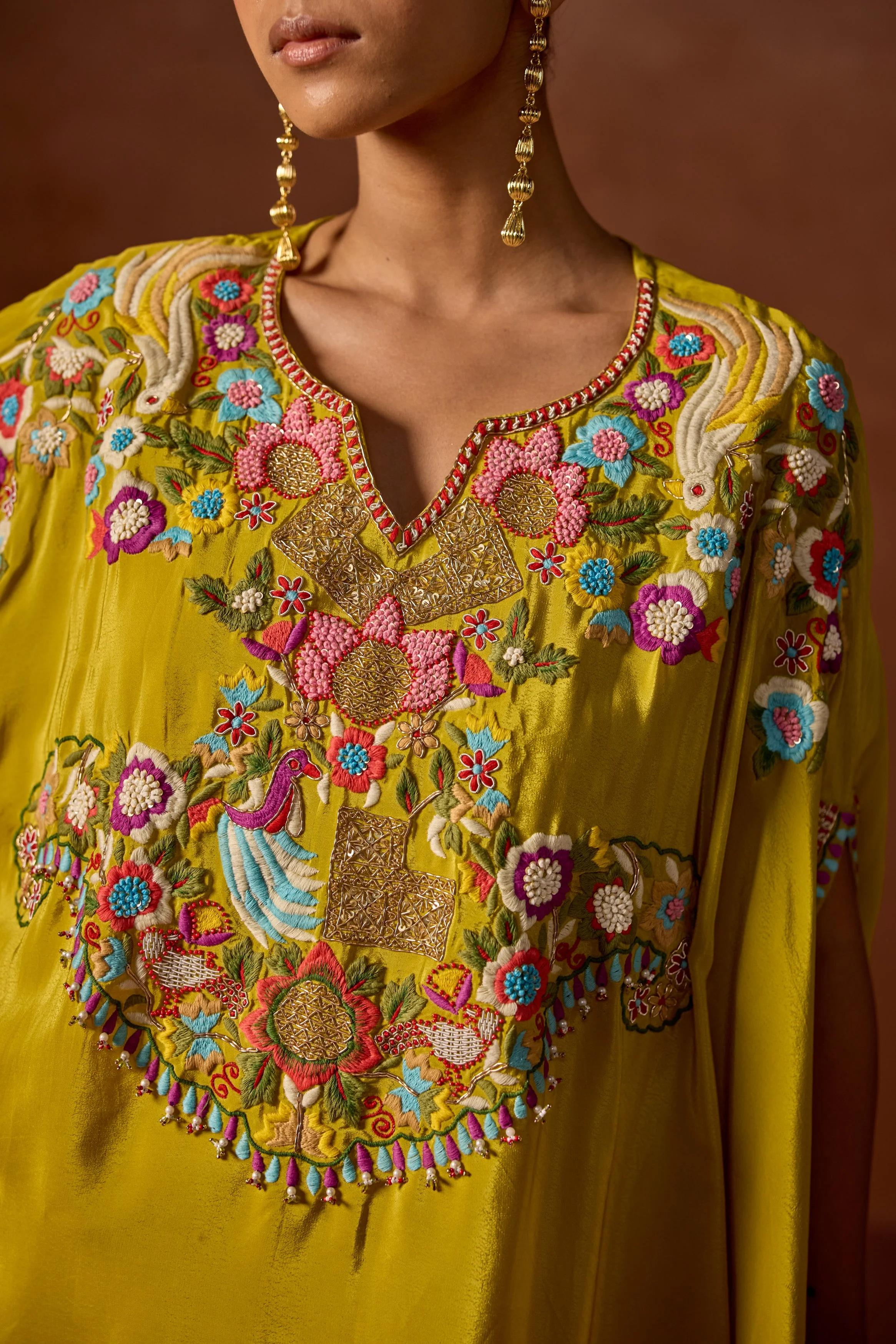 Mustard Yellow Embroidered Premium Silk Kaftan Set - Image 2