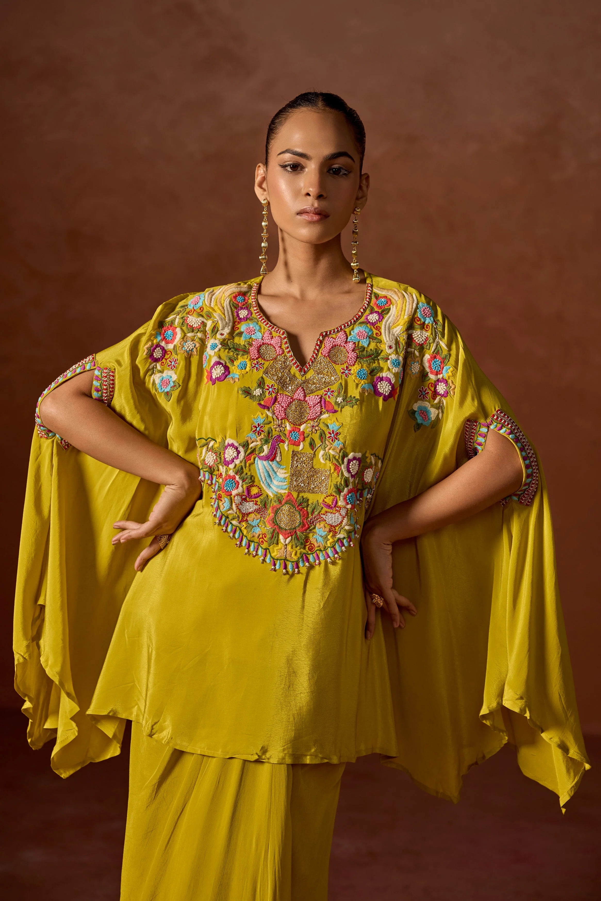 Mustard Yellow Embroidered Premium Silk Kaftan Set - Image 3