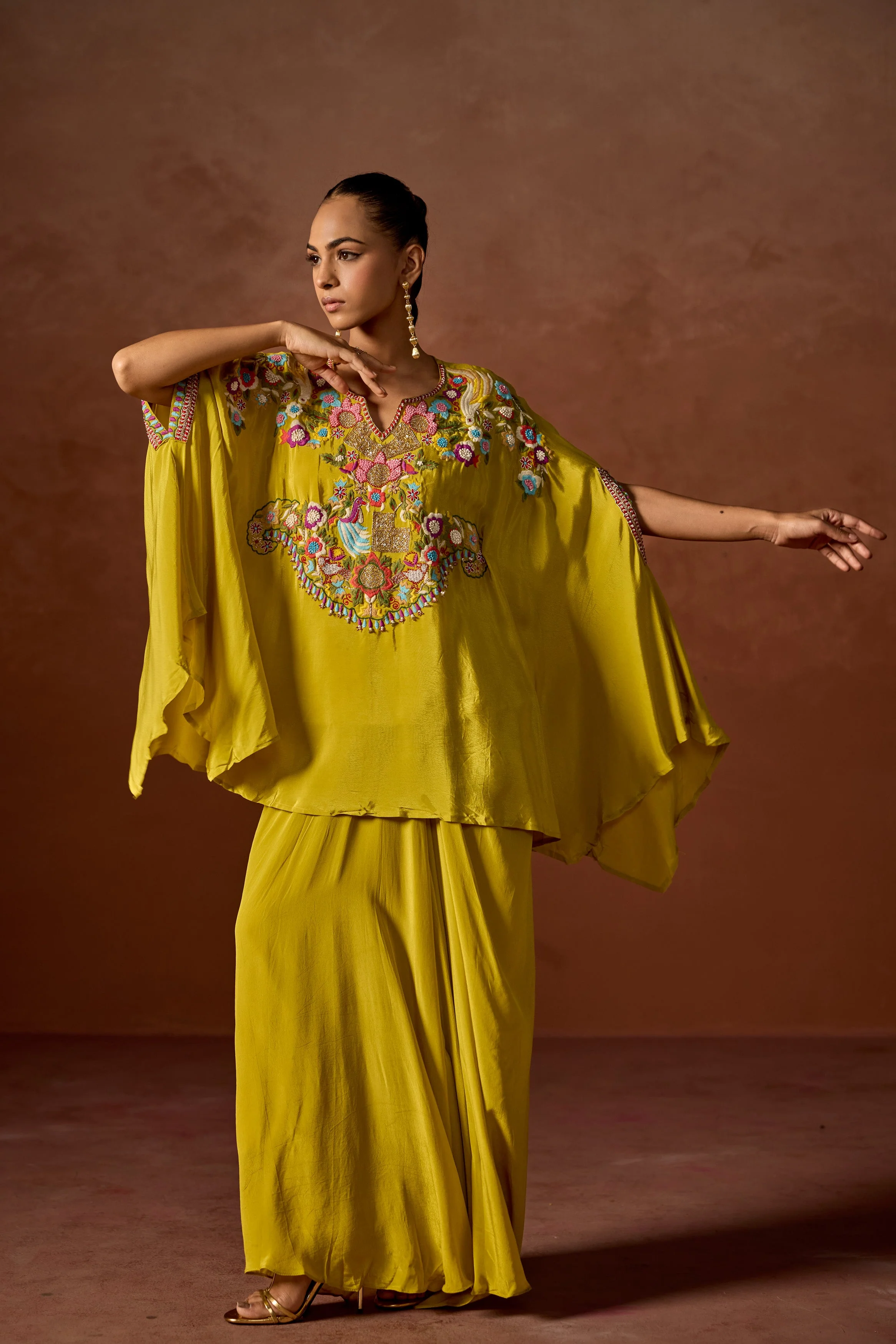 Mustard Yellow Embroidered Premium Silk Kaftan Set - Image 4