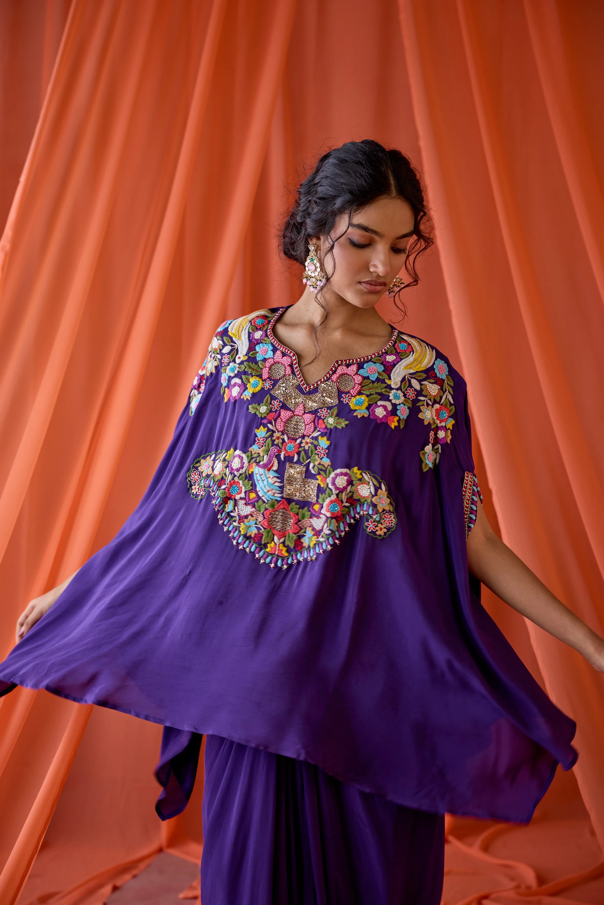 Deep Purple Embroidered Premium Silk Kaftan Set - Image 3