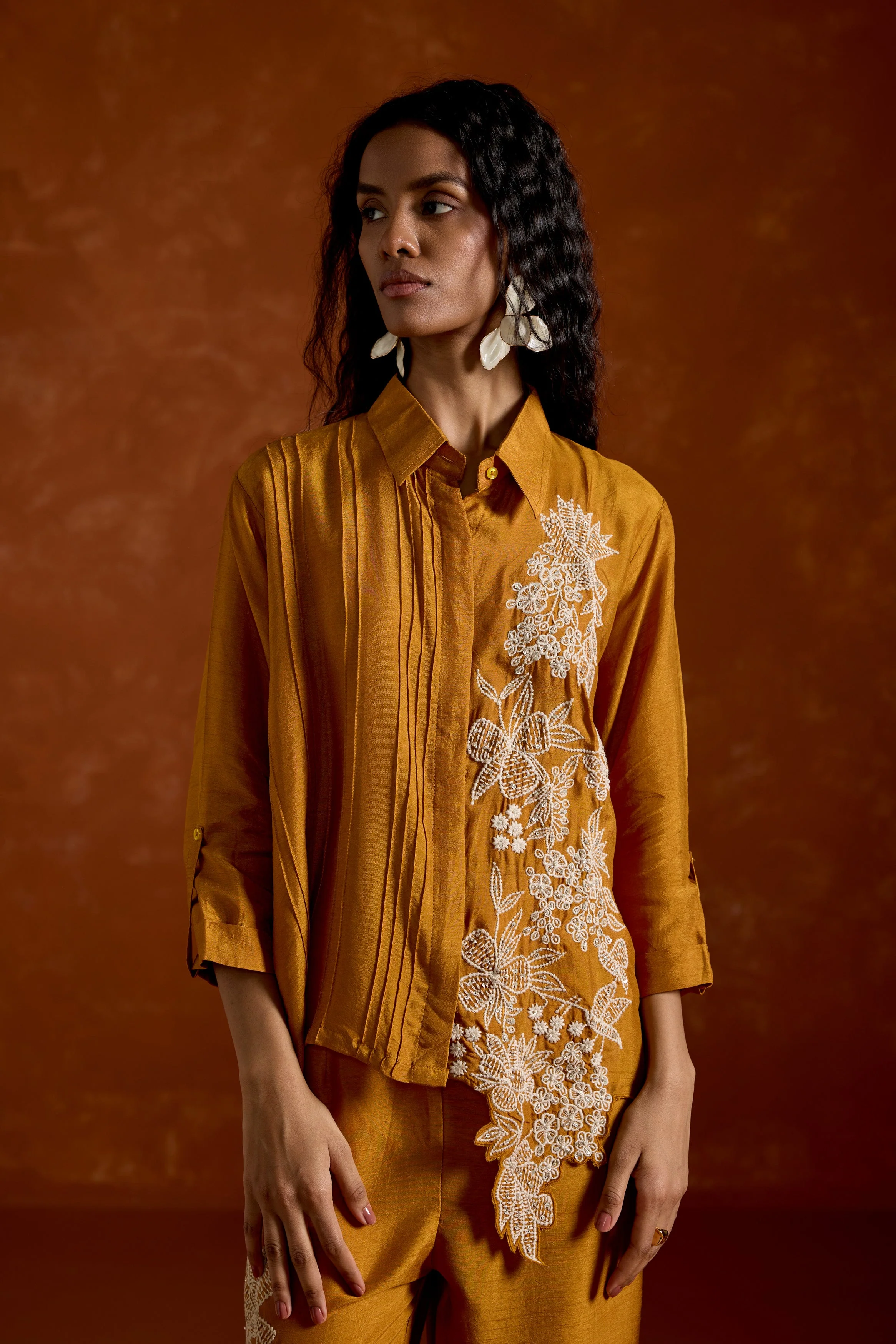 Mustard Yellow Embroidered Raw Silk Co-Ord Set - Image 2