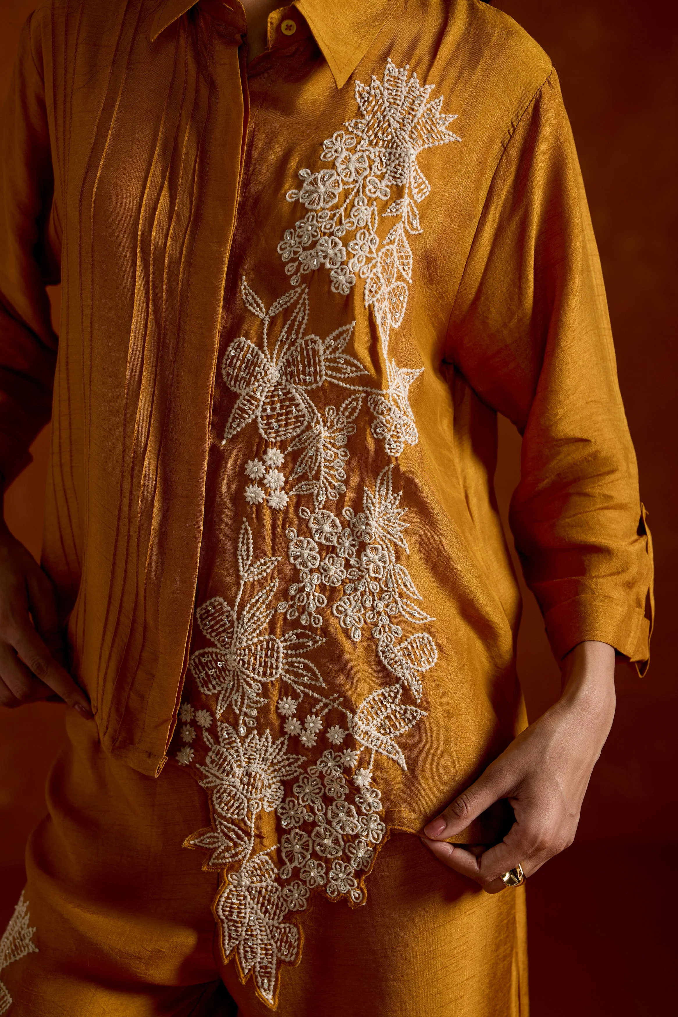 Mustard Yellow Embroidered Raw Silk Co-Ord Set - Image 3