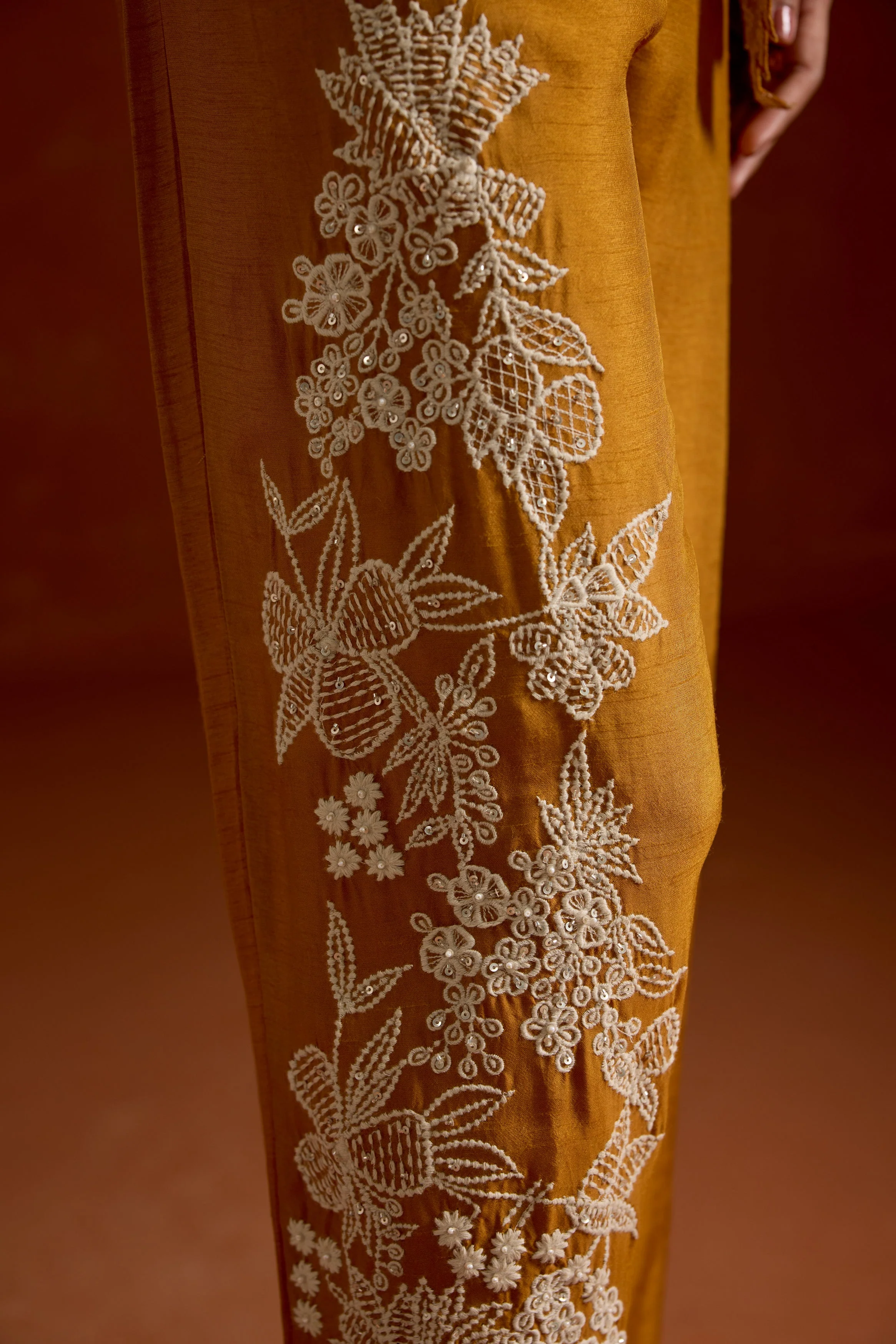 Mustard Yellow Embroidered Raw Silk Co-Ord Set - Image 4