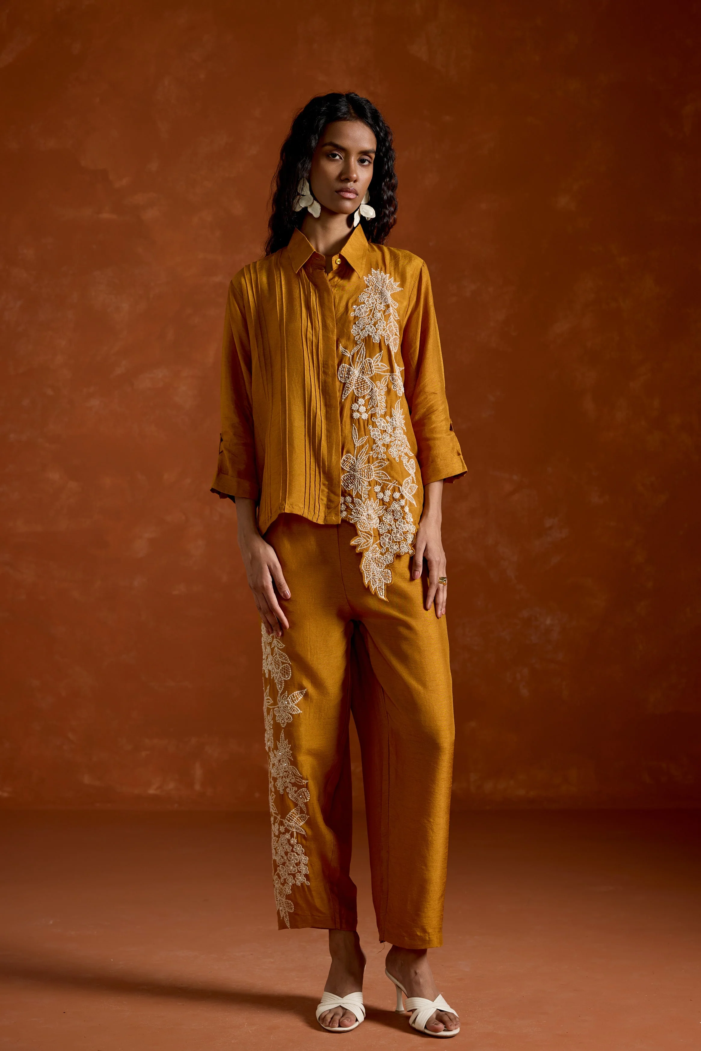 Mustard Yellow Embroidered Raw Silk Co-Ord Set - Image 5