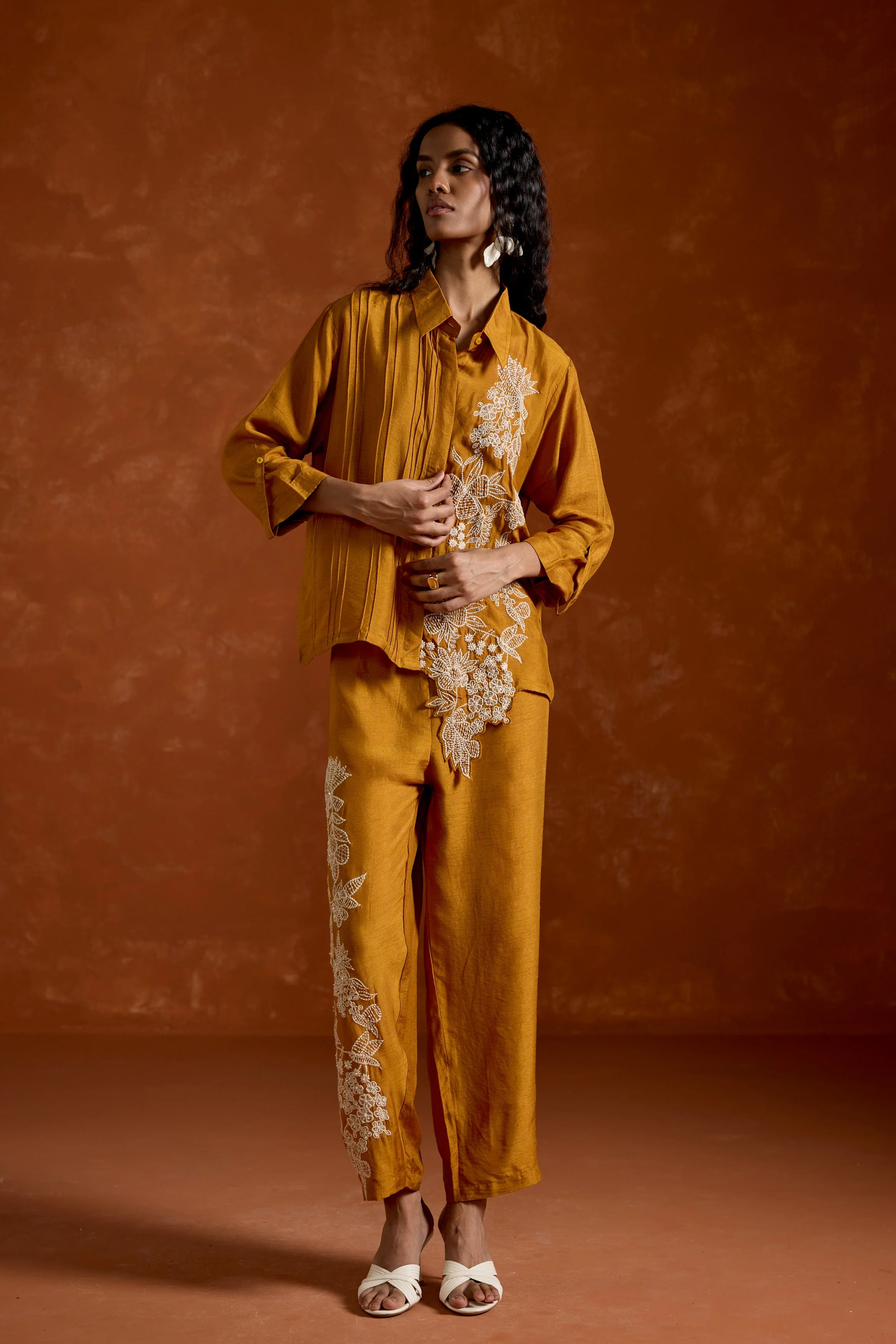 Mustard Yellow Embroidered Raw Silk Co-Ord Set - Image 6