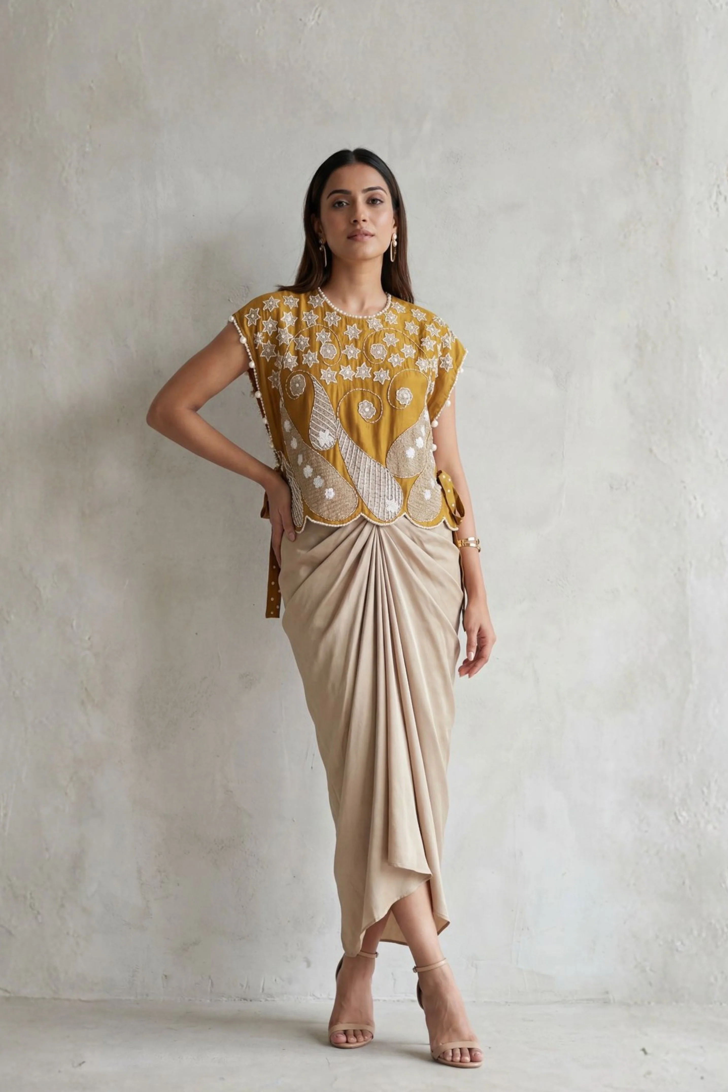 Mustard Yellow Embroidered Satin Silk Drape Skirt Set