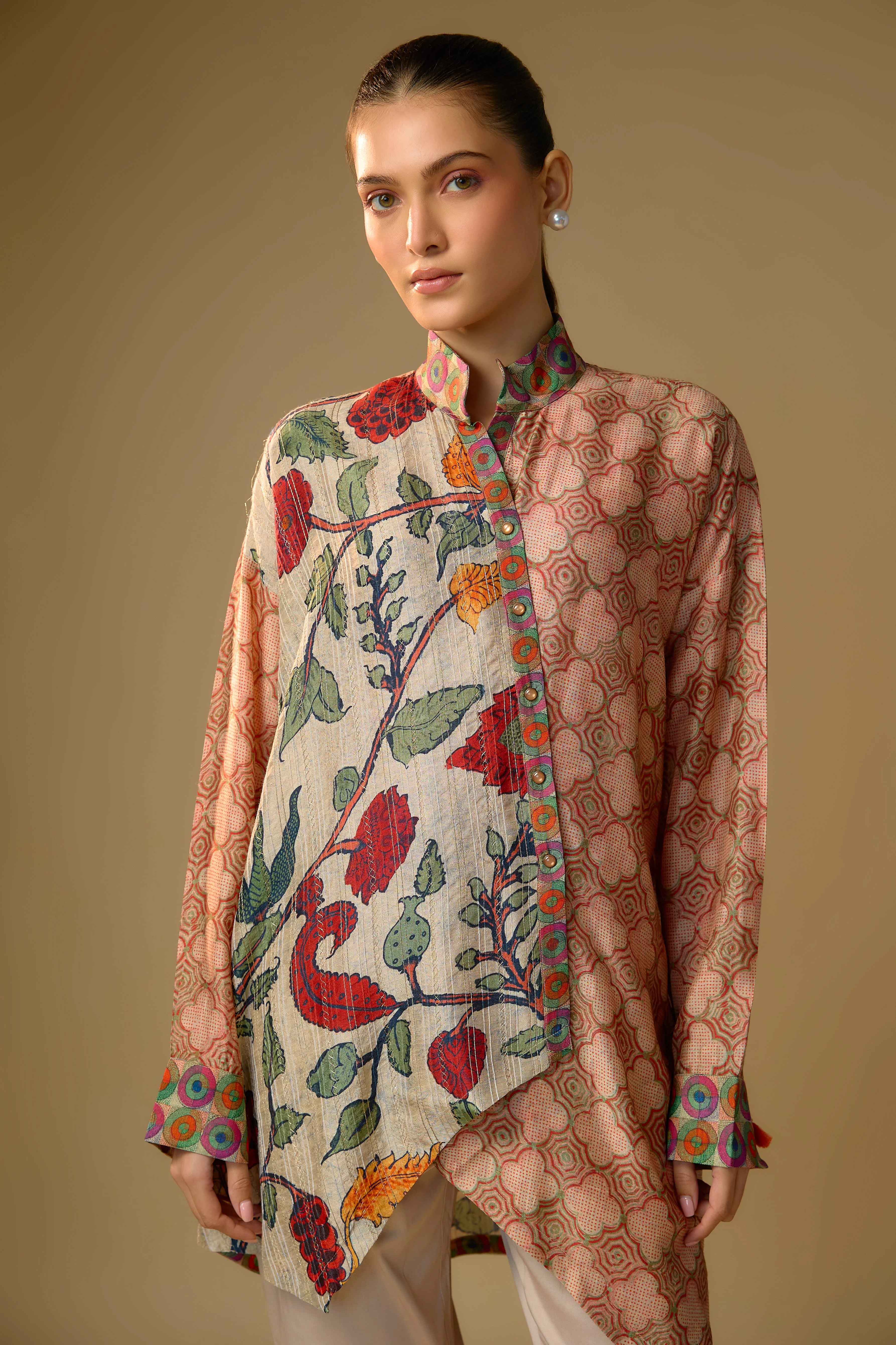 Ivory Floral Printed Slub Cotton Silk Tunic Top - Image 2