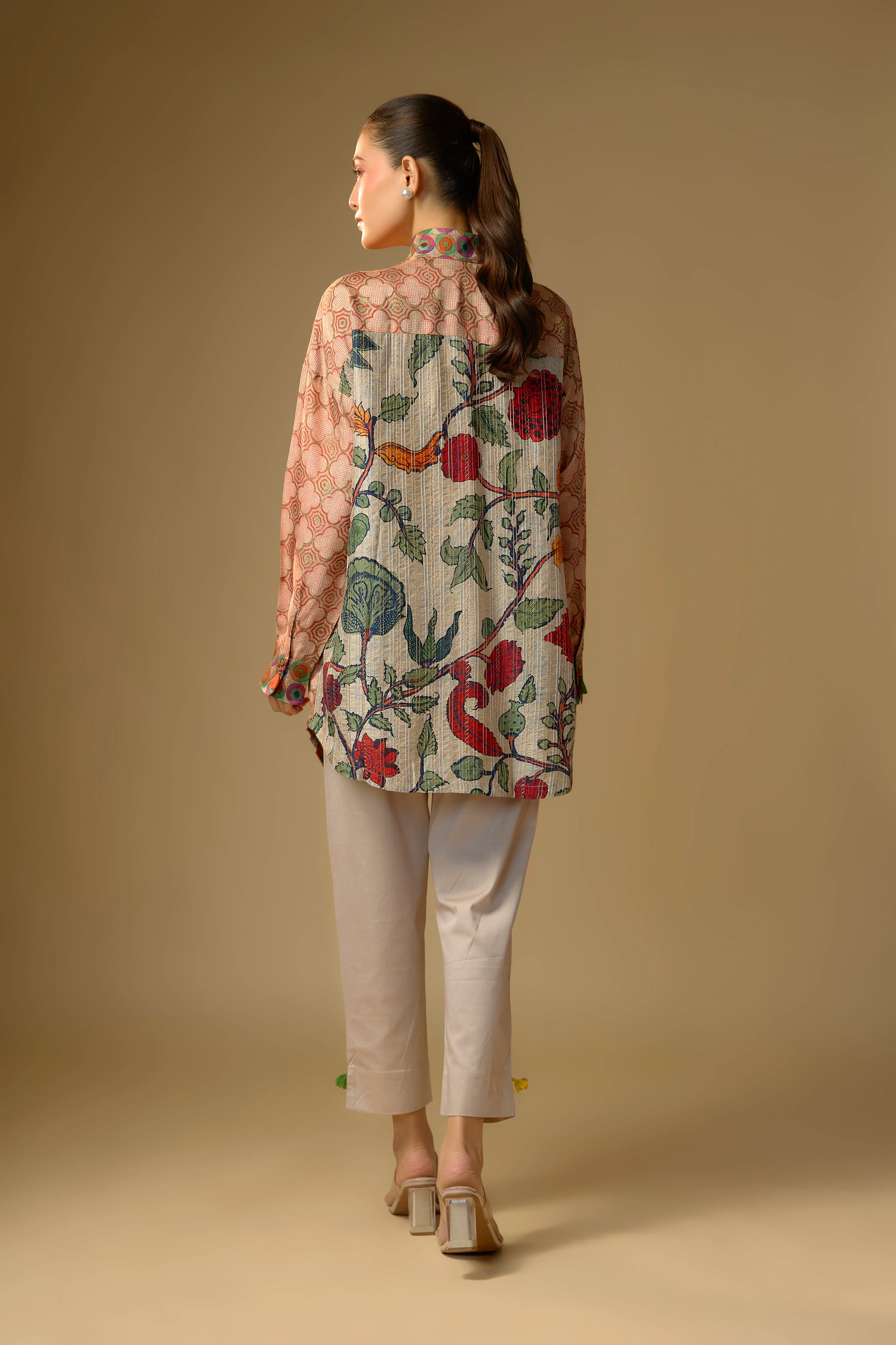 Ivory Floral Printed Slub Cotton Silk Tunic Top - Image 3