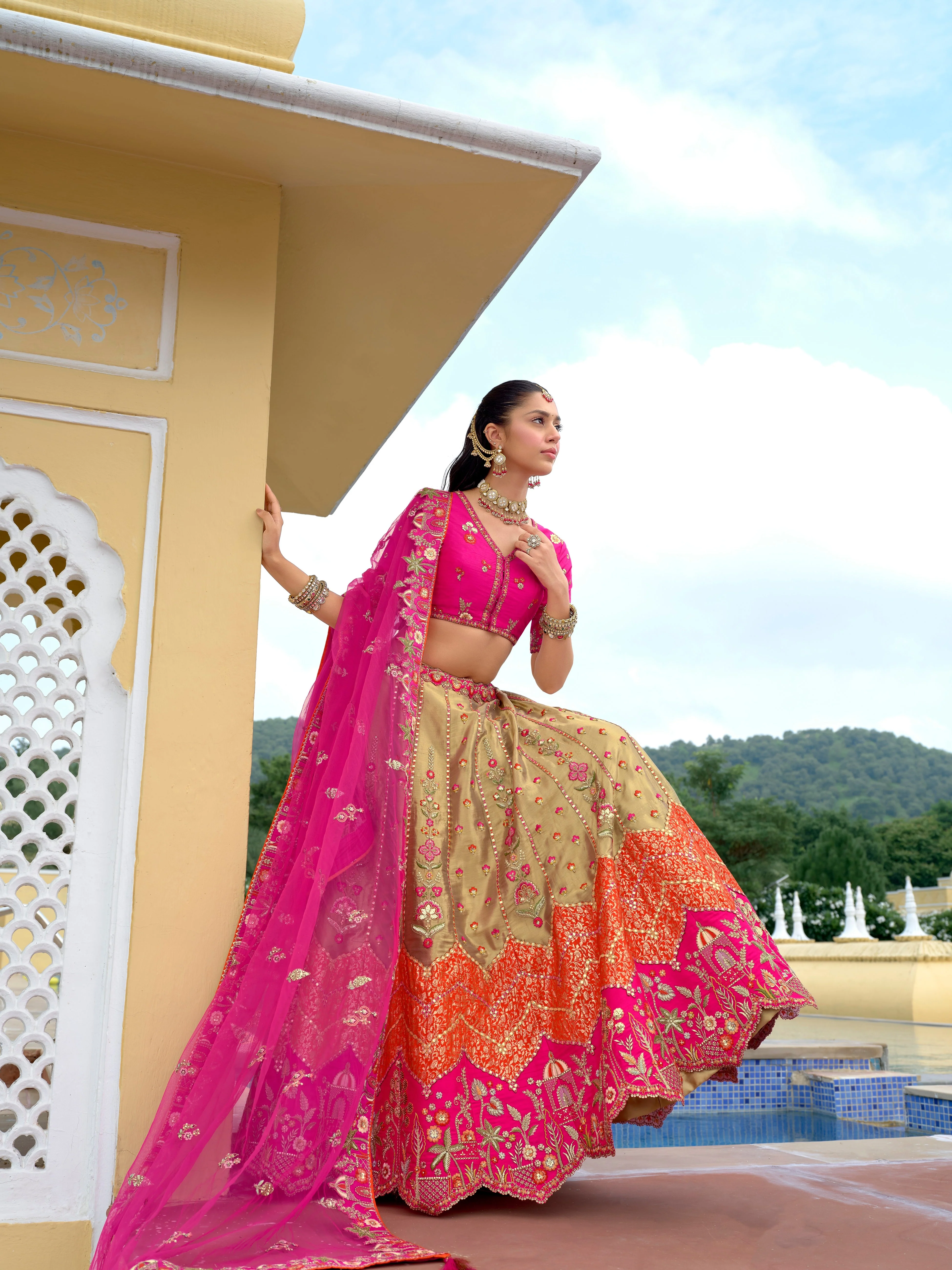 Rani Pink & Cream Embellished Tissue Silk Lehenga Set - Image 2
