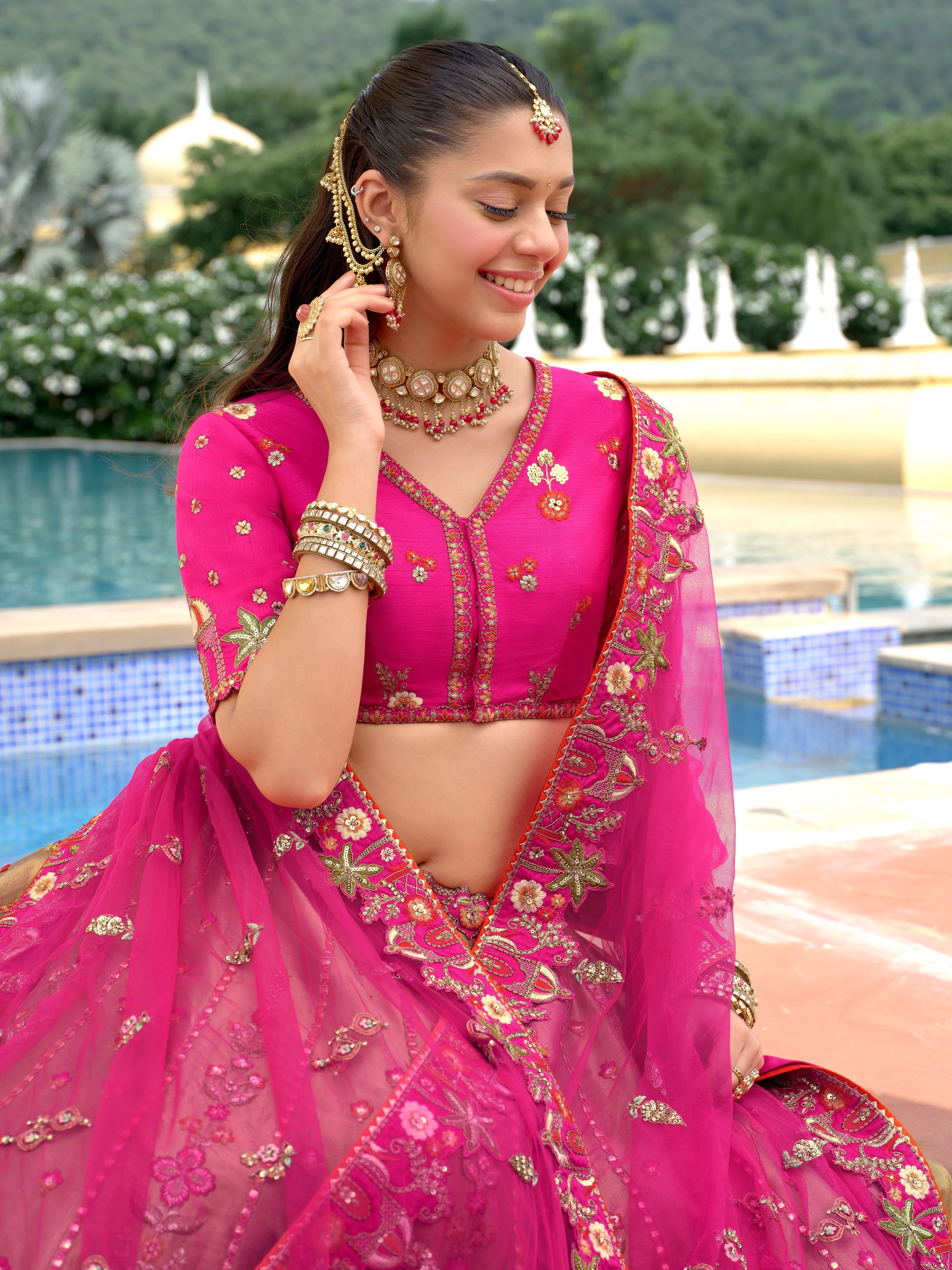 Rani Pink & Cream Embellished Tissue Silk Lehenga Set - Image 3