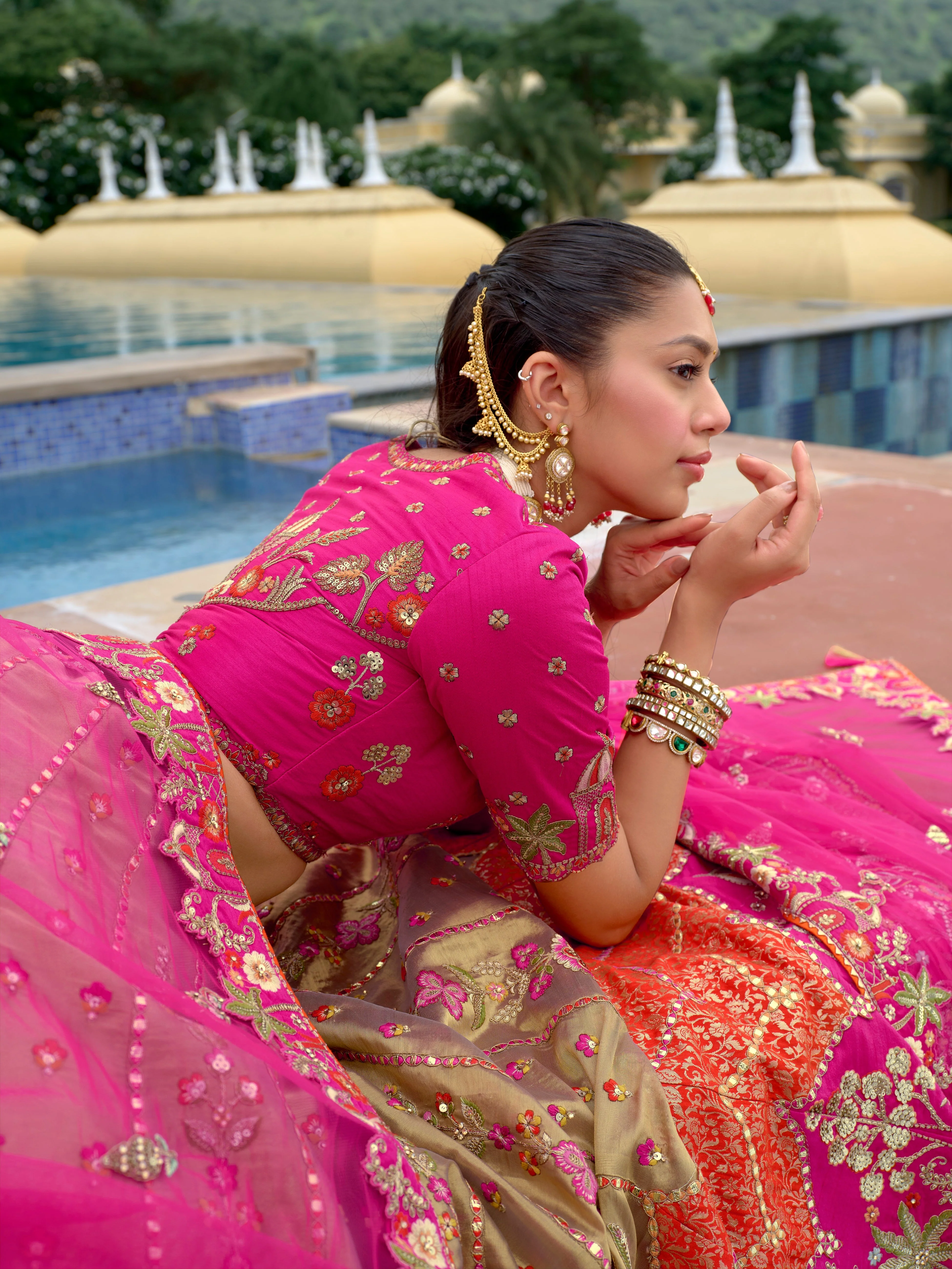 Rani Pink & Cream Embellished Tissue Silk Lehenga Set - Image 4