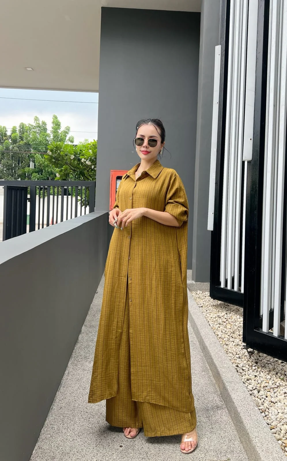 Mustard Yellow Printed Cotton Longline Co-ord Set - Image 2