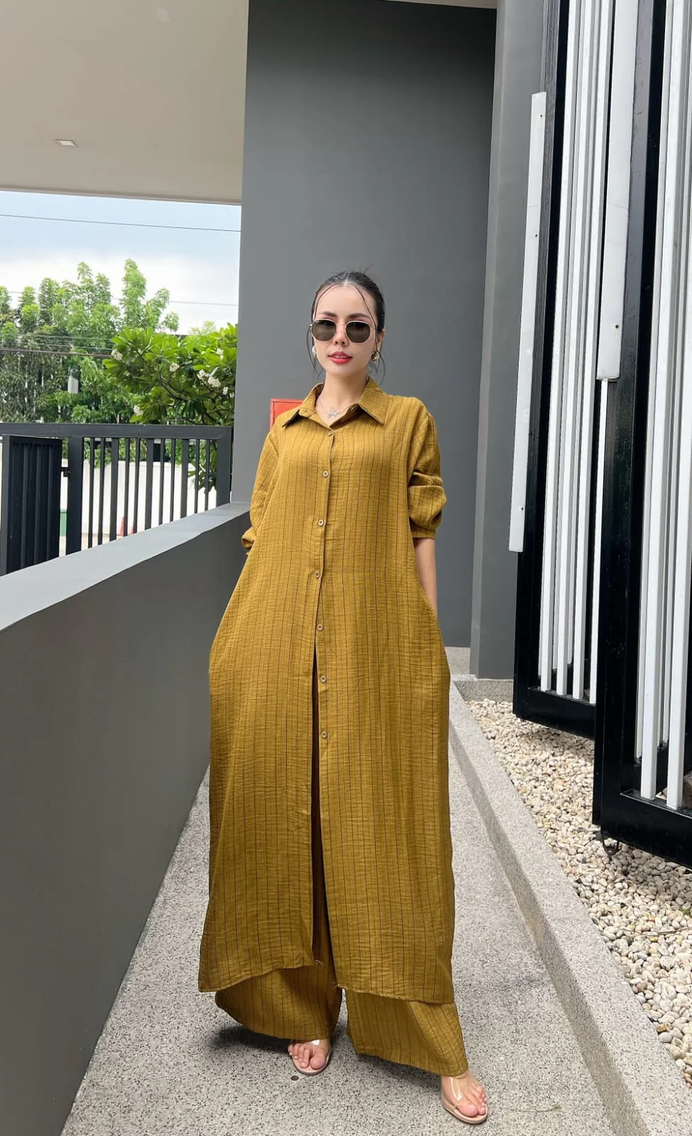 Mustard Yellow Printed Cotton Longline Co-ord Set - Image 3