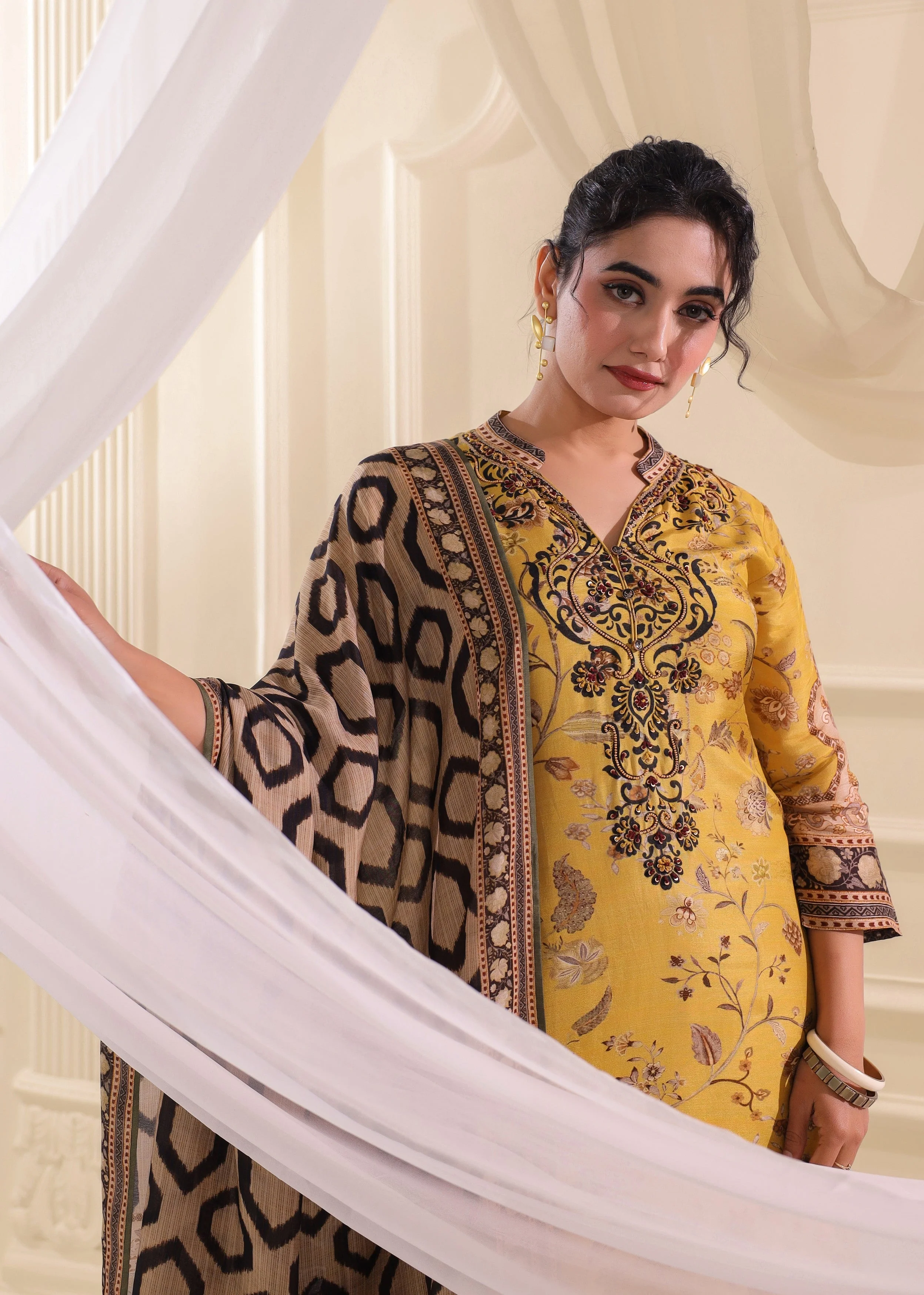 Mustard Yellow Printed Dola Silk Pant Set - Image 2