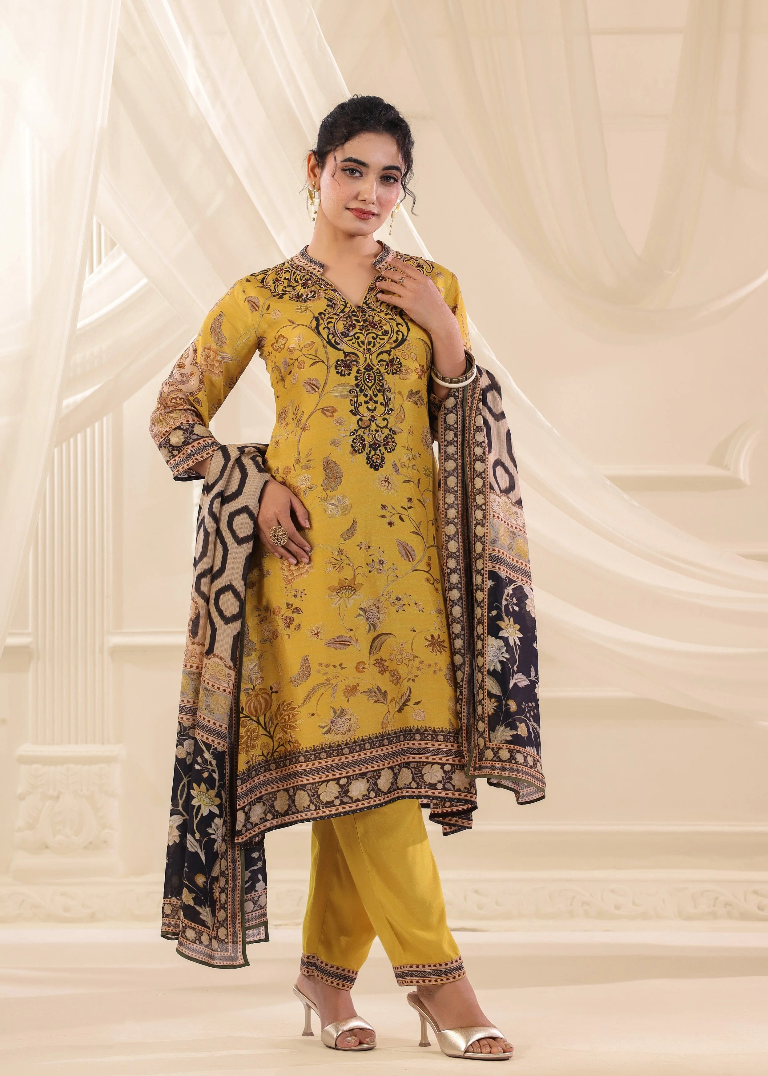 Mustard Yellow Printed Dola Silk Pant Set - Image 3