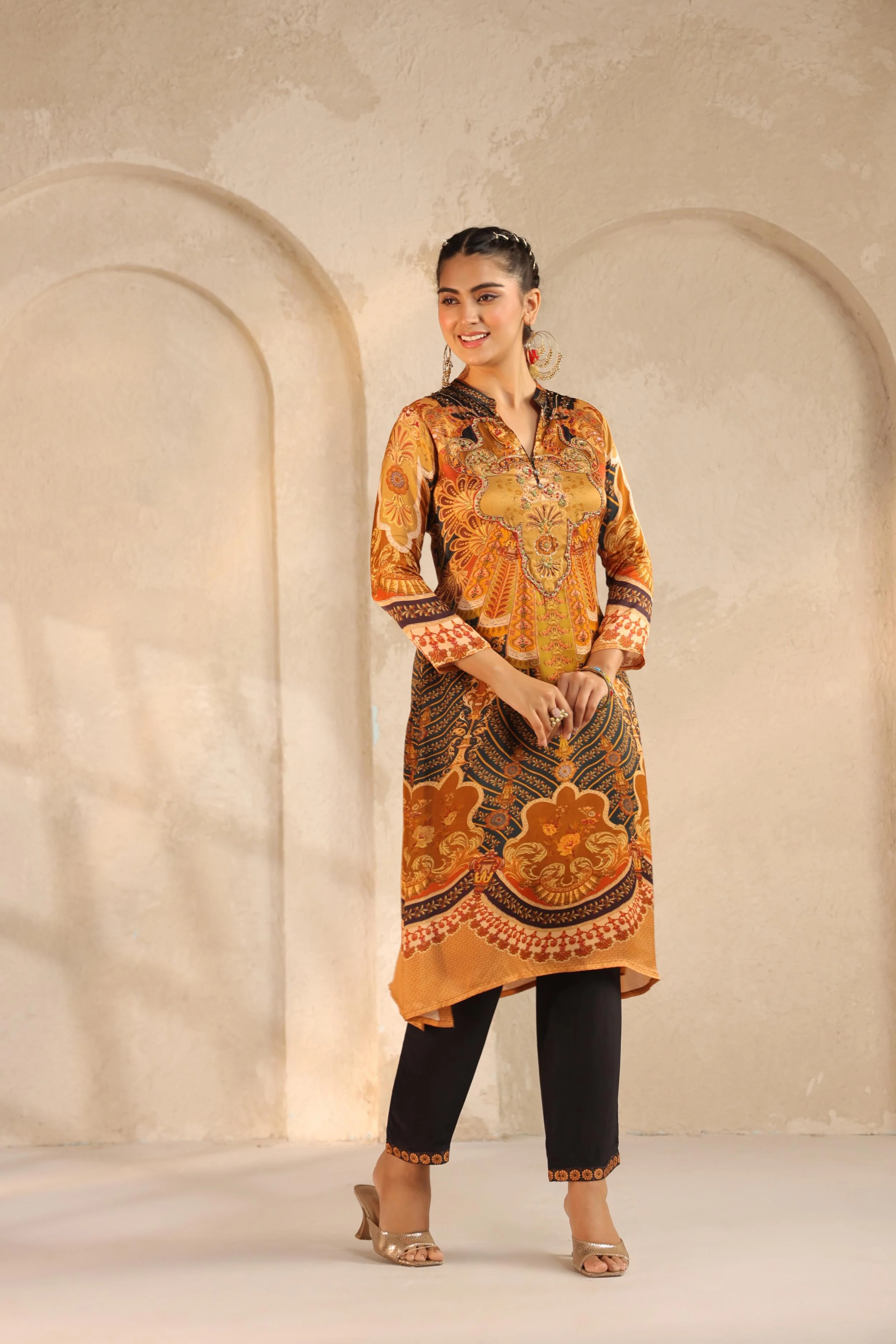 Mustard Yellow Printed Modal Satin Kurta Set - Image 3