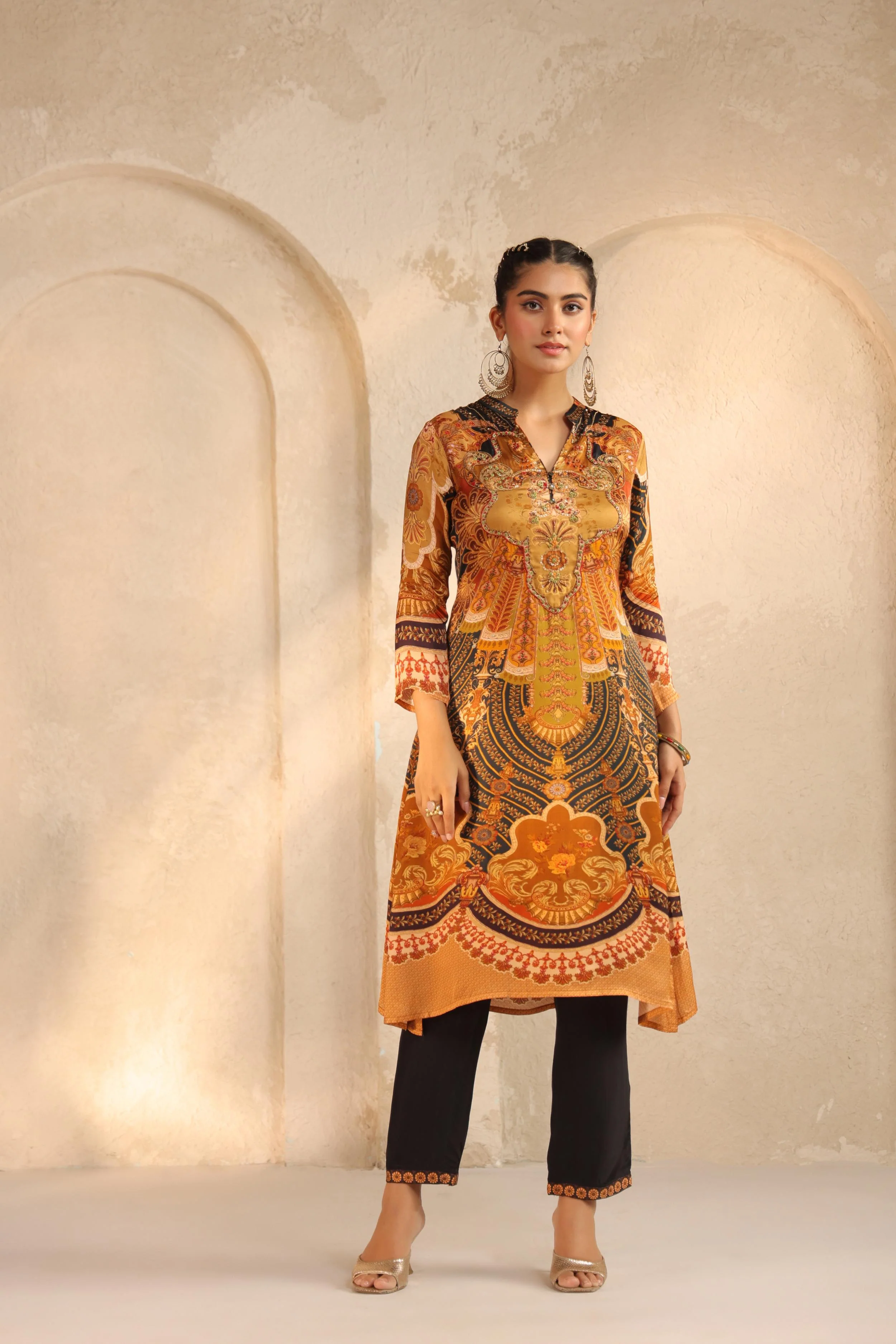 Mustard Yellow Printed Modal Satin Kurta Set - Image 4