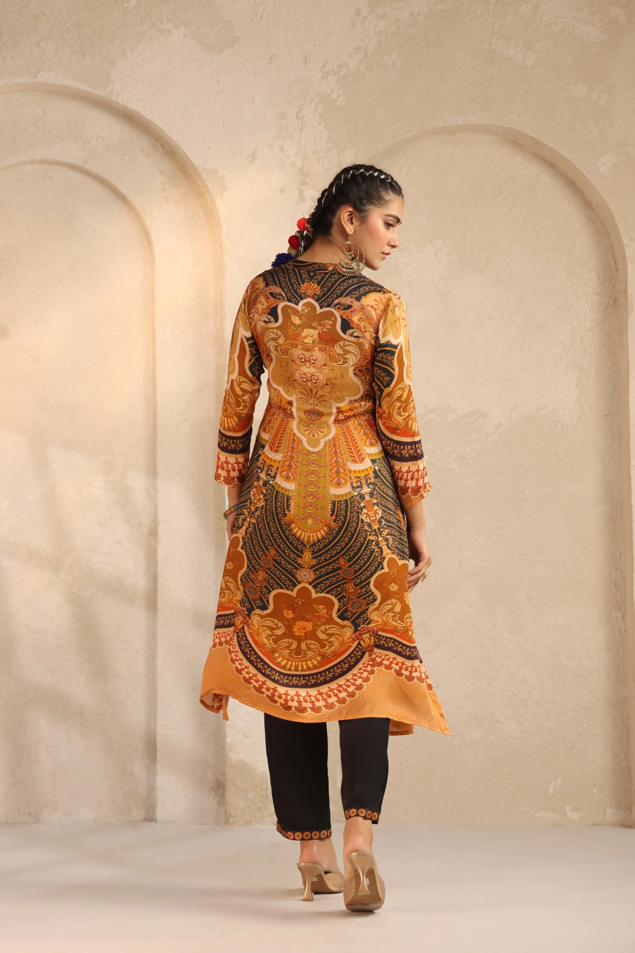 Mustard Yellow Printed Modal Satin Kurta Set - Image 5